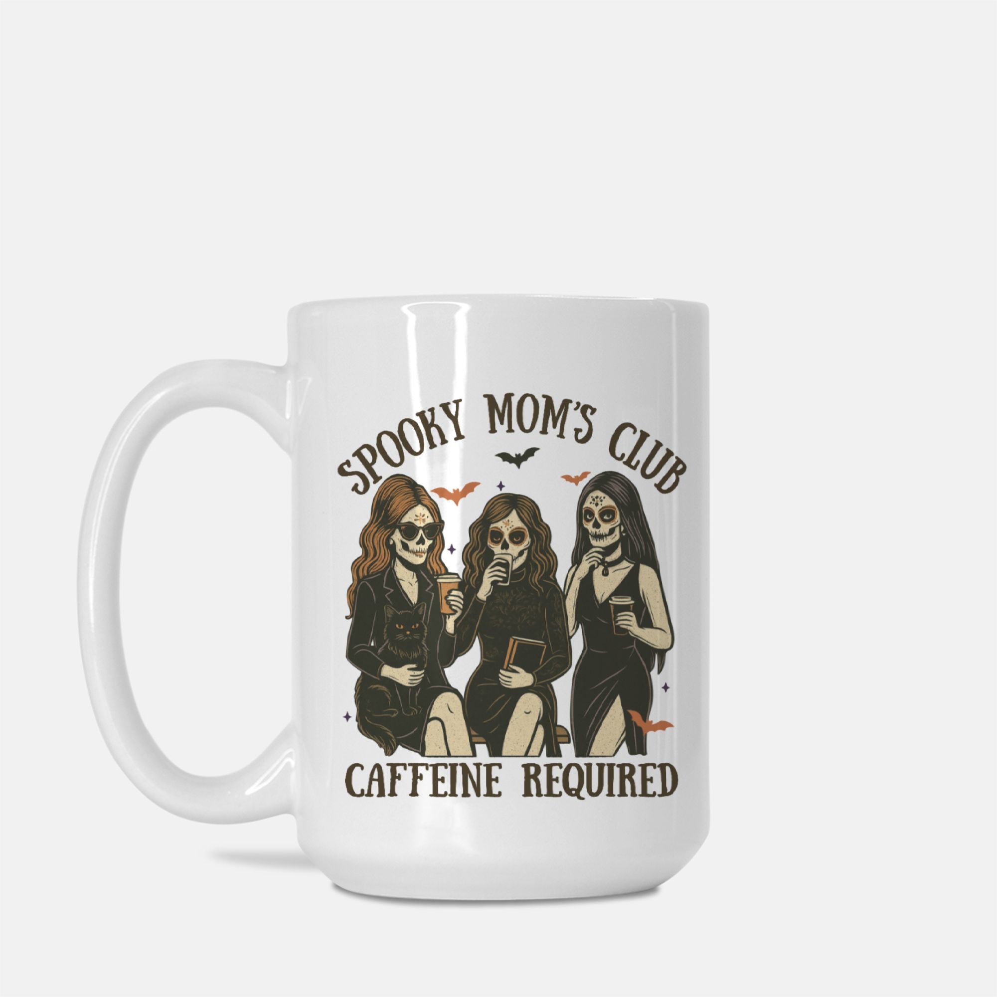 White mug with 'Spooky Mom's Club' design featuring skeletons and text on a white background