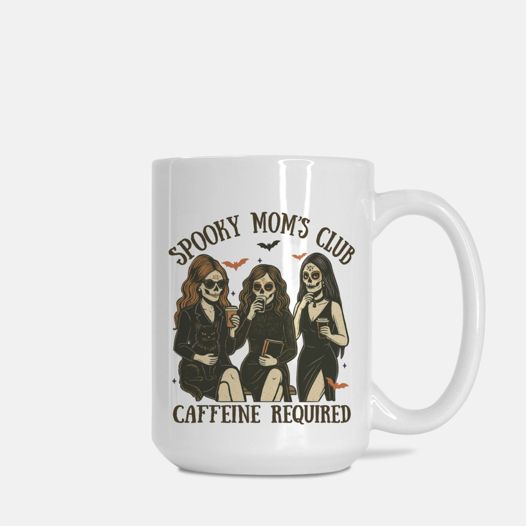 White mug with 'Spooky Mom's Club Caffeine Required' design featuring skeletons on a white background