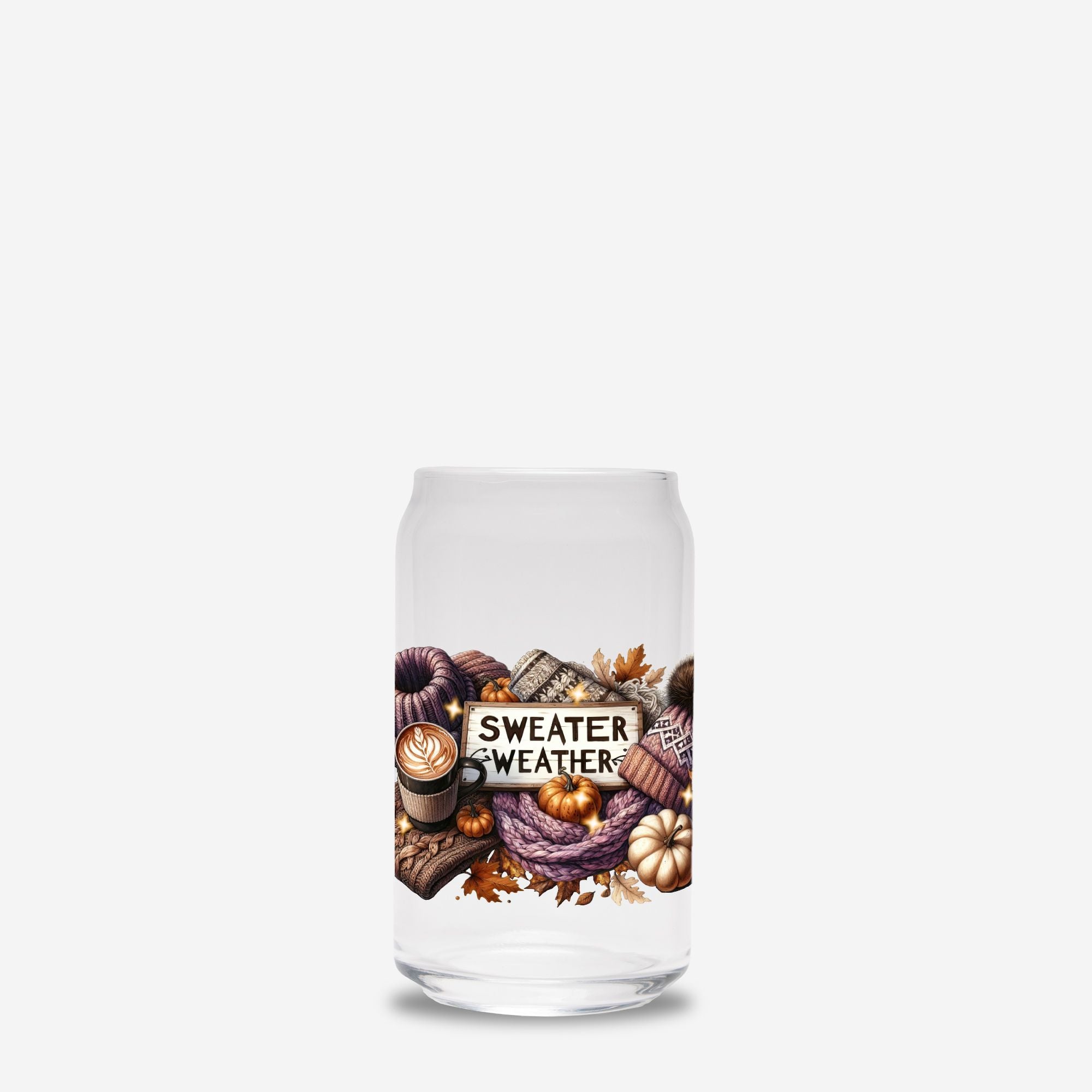Glass tumbler with 'Sweater Weather' design featuring pumpkins, scarves, and a coffee cup on a white background.