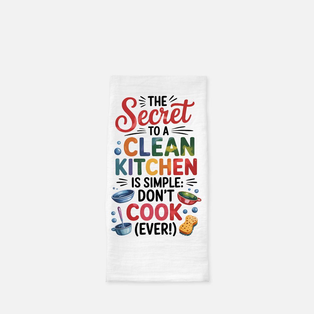 Kitchen towel with colorful text and icons on a white background