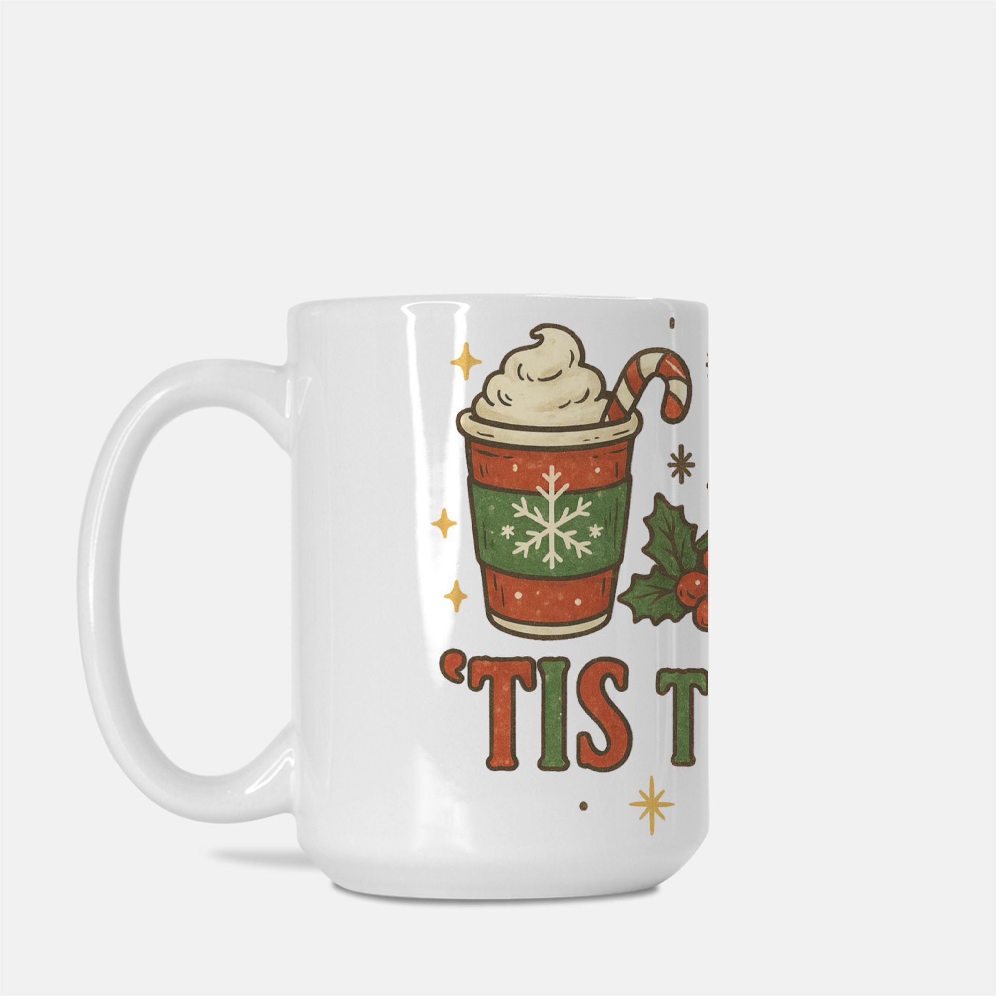 White mug with Christmas-themed design and text on a white background