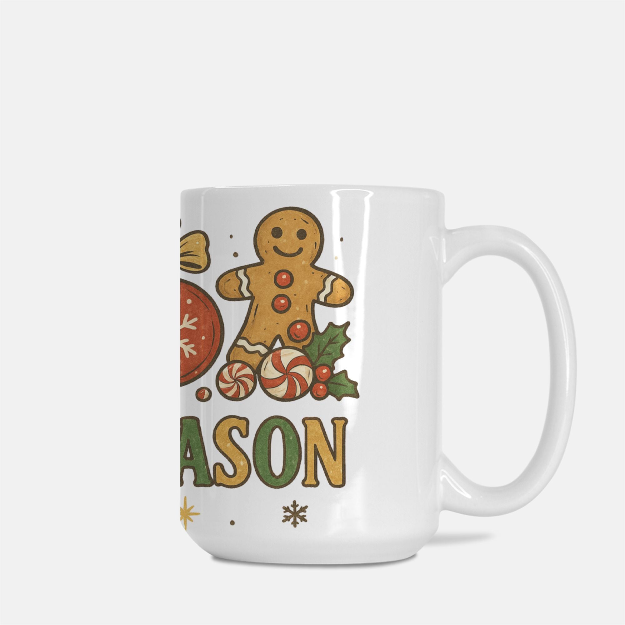 White mug with Christmas-themed design featuring a gingerbread man and candy cane on a white background