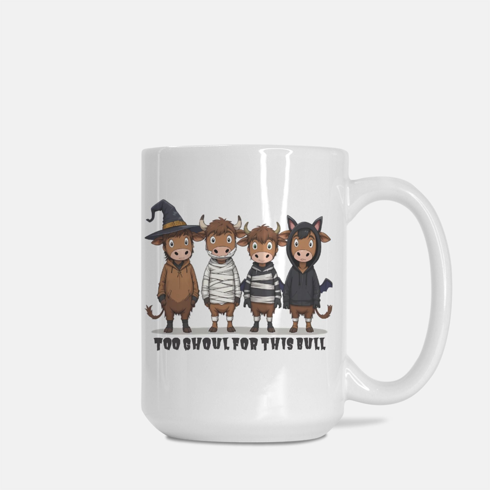 White mug with cartoon cow characters in costumes on a white background