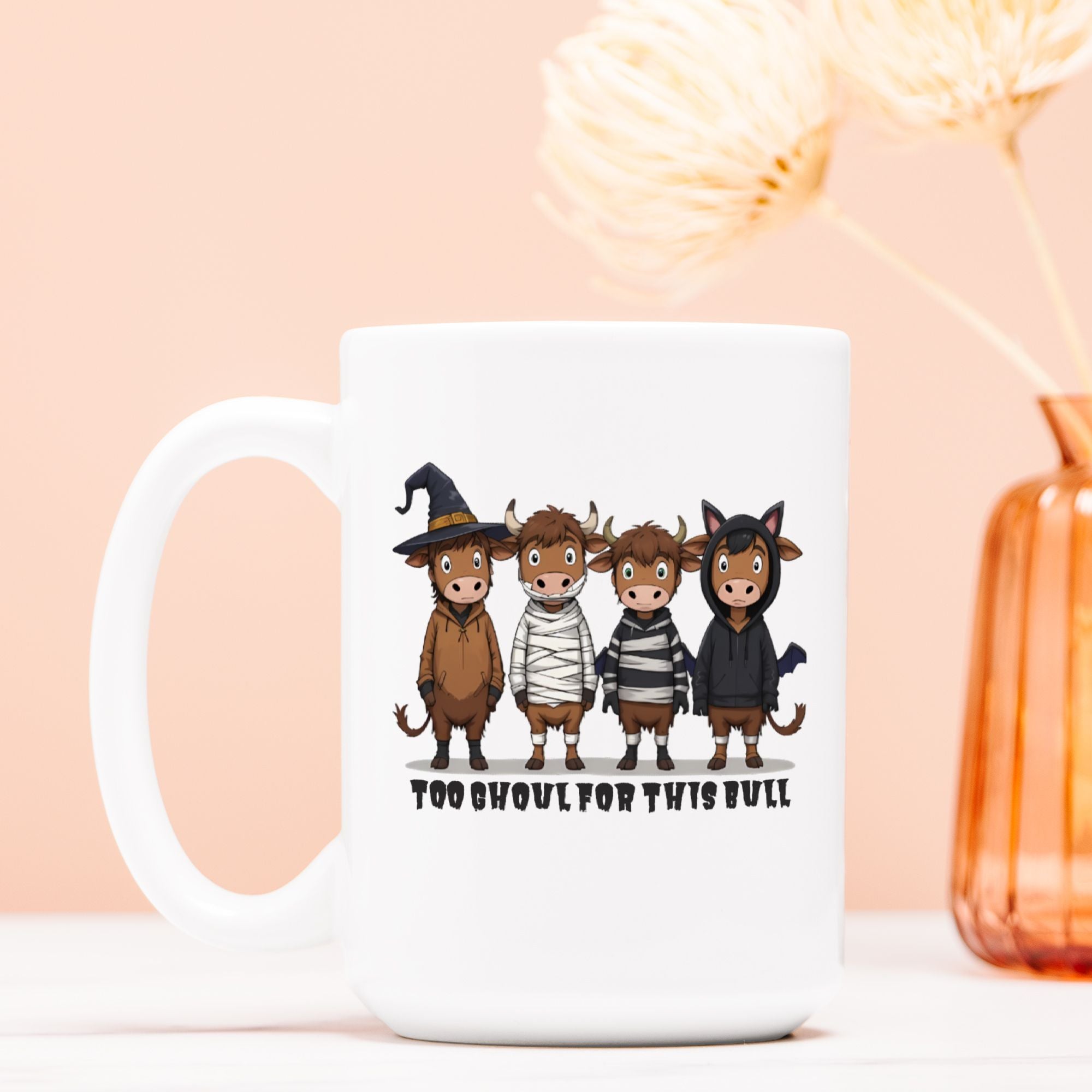 White mug with cartoon bull characters in costumes on a peach background