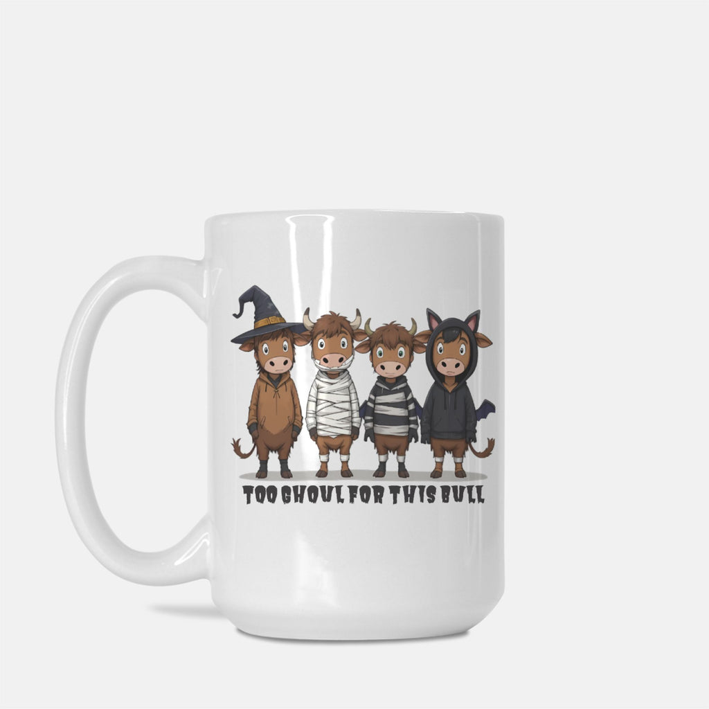 White mug with cartoon bull characters dressed in Halloween costumes on a white background