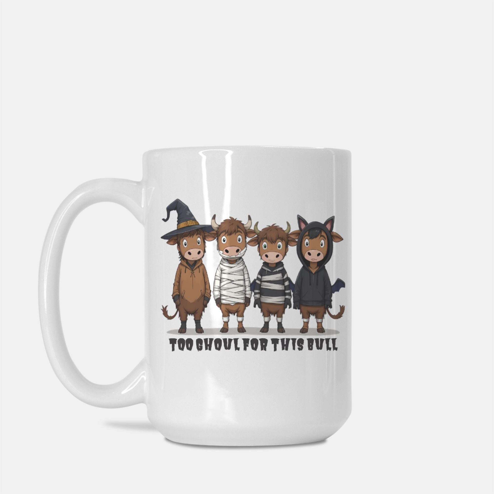 White mug with cartoon bull characters dressed in Halloween costumes on a white background