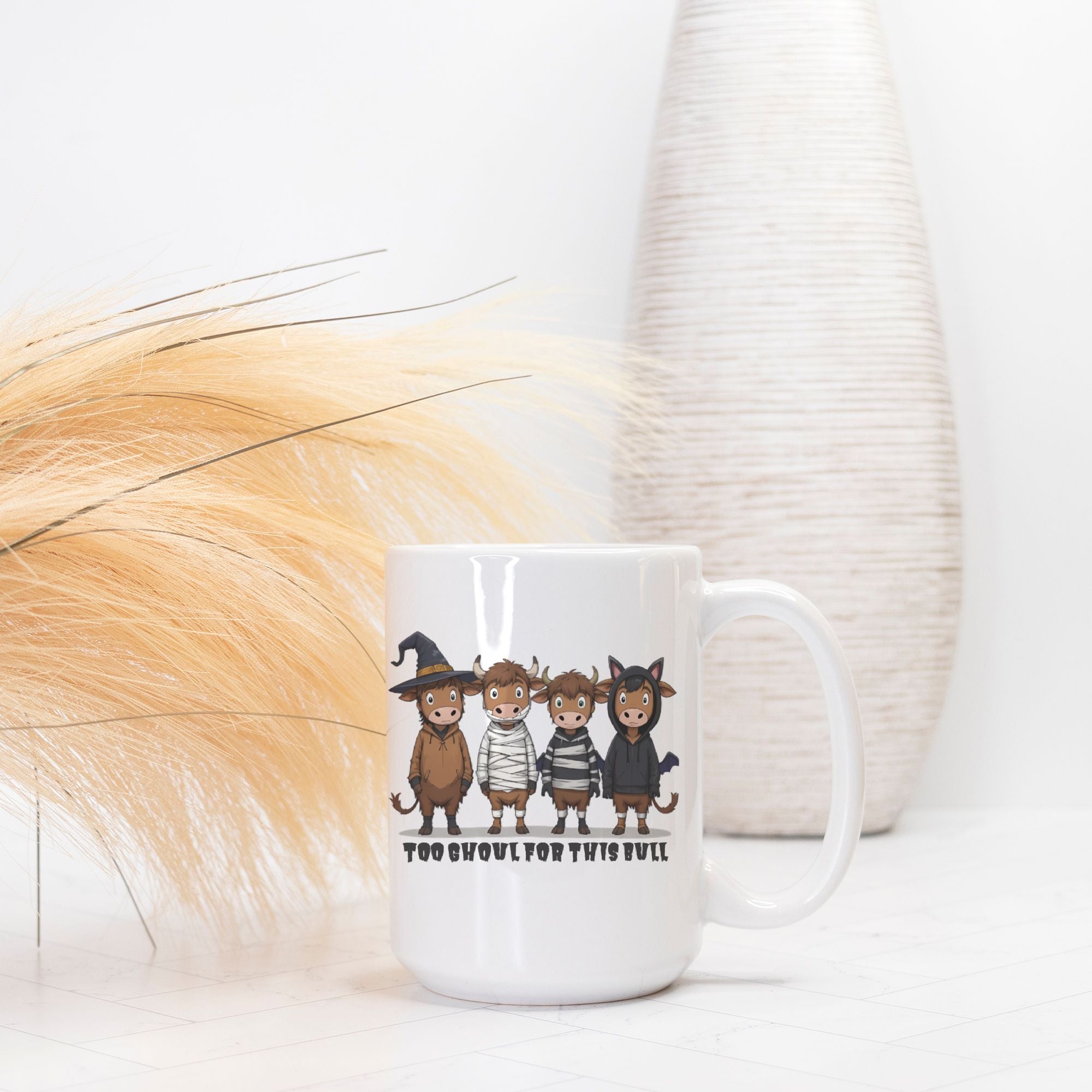 White mug with cartoon characters and text on a white background