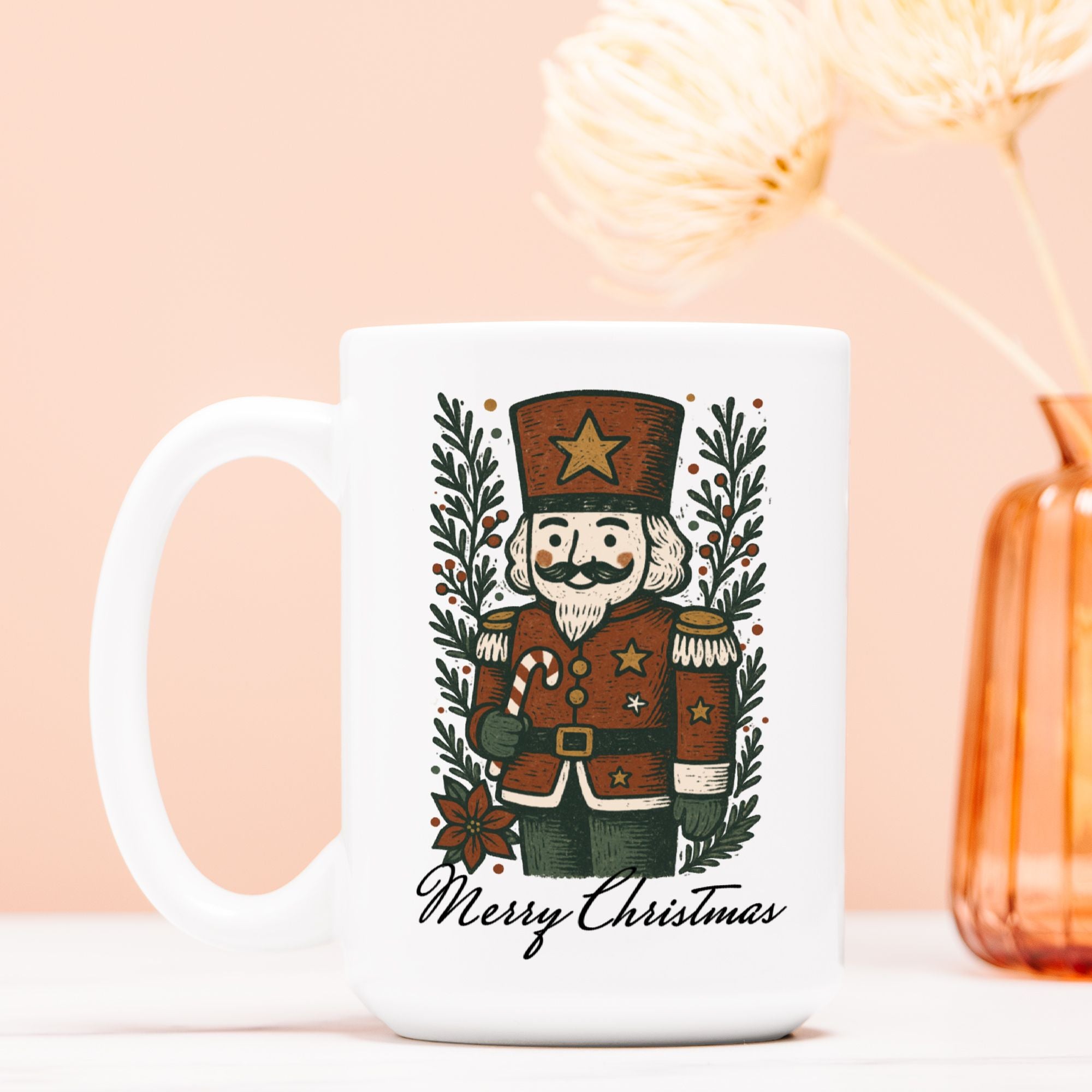 White mug with a Christmas-themed design featuring a nutcracker and wreath on a light pink background.