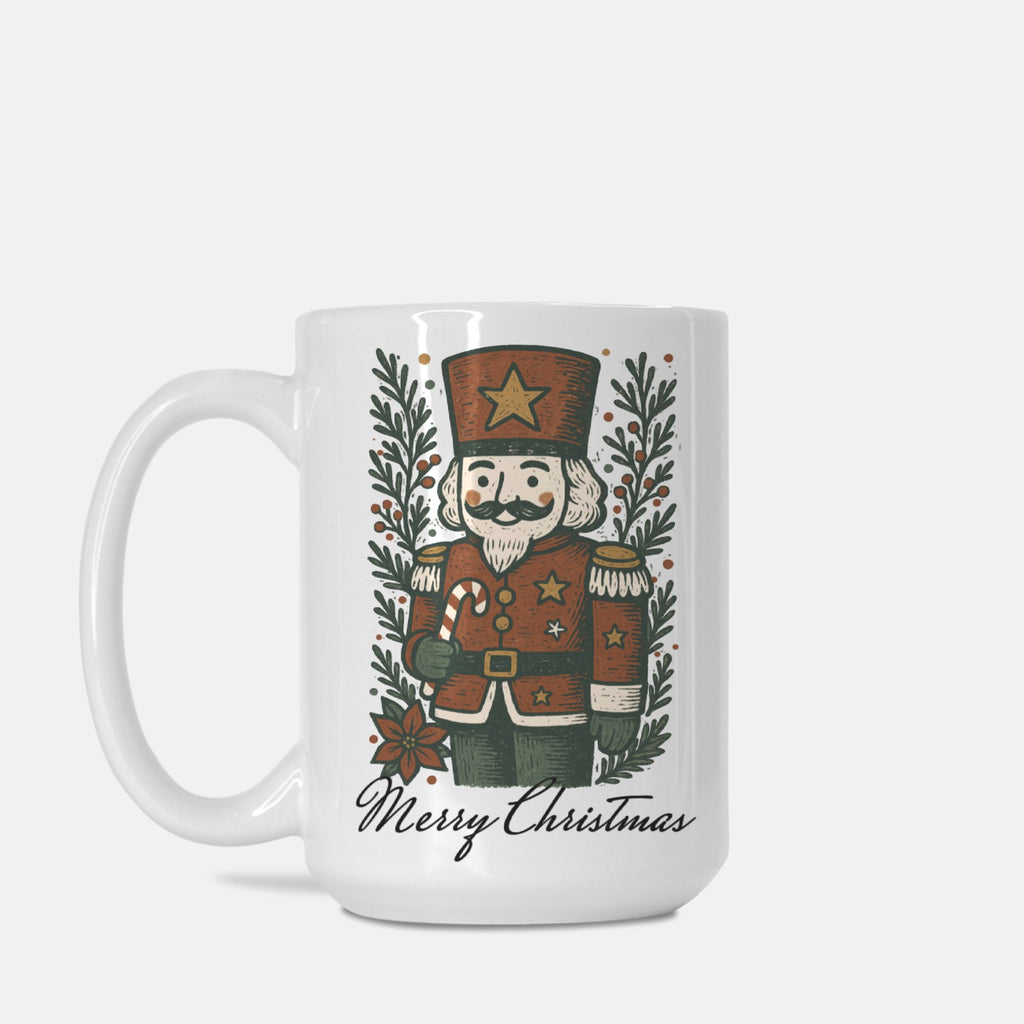 White mug with a Christmas-themed design featuring a nutcracker and wreath on a white background
