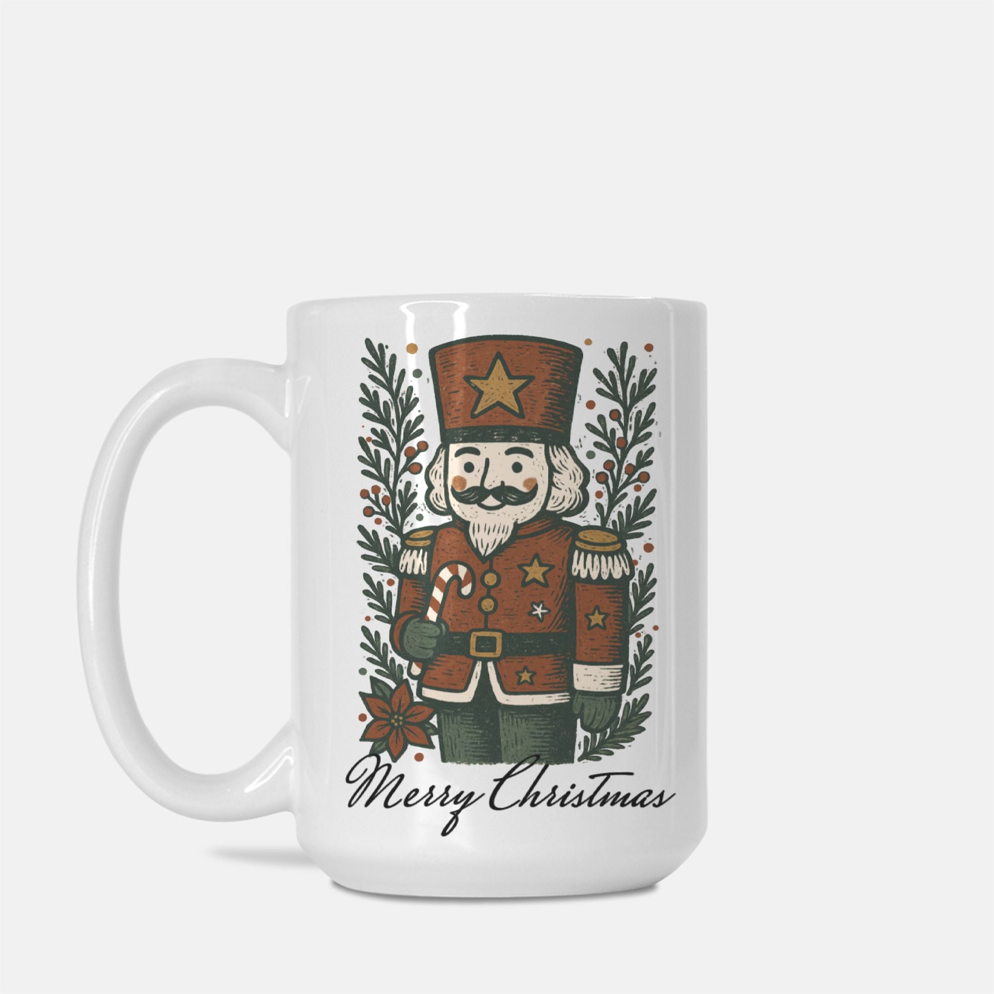 White mug with a Christmas-themed design featuring a nutcracker and wreath on a white background