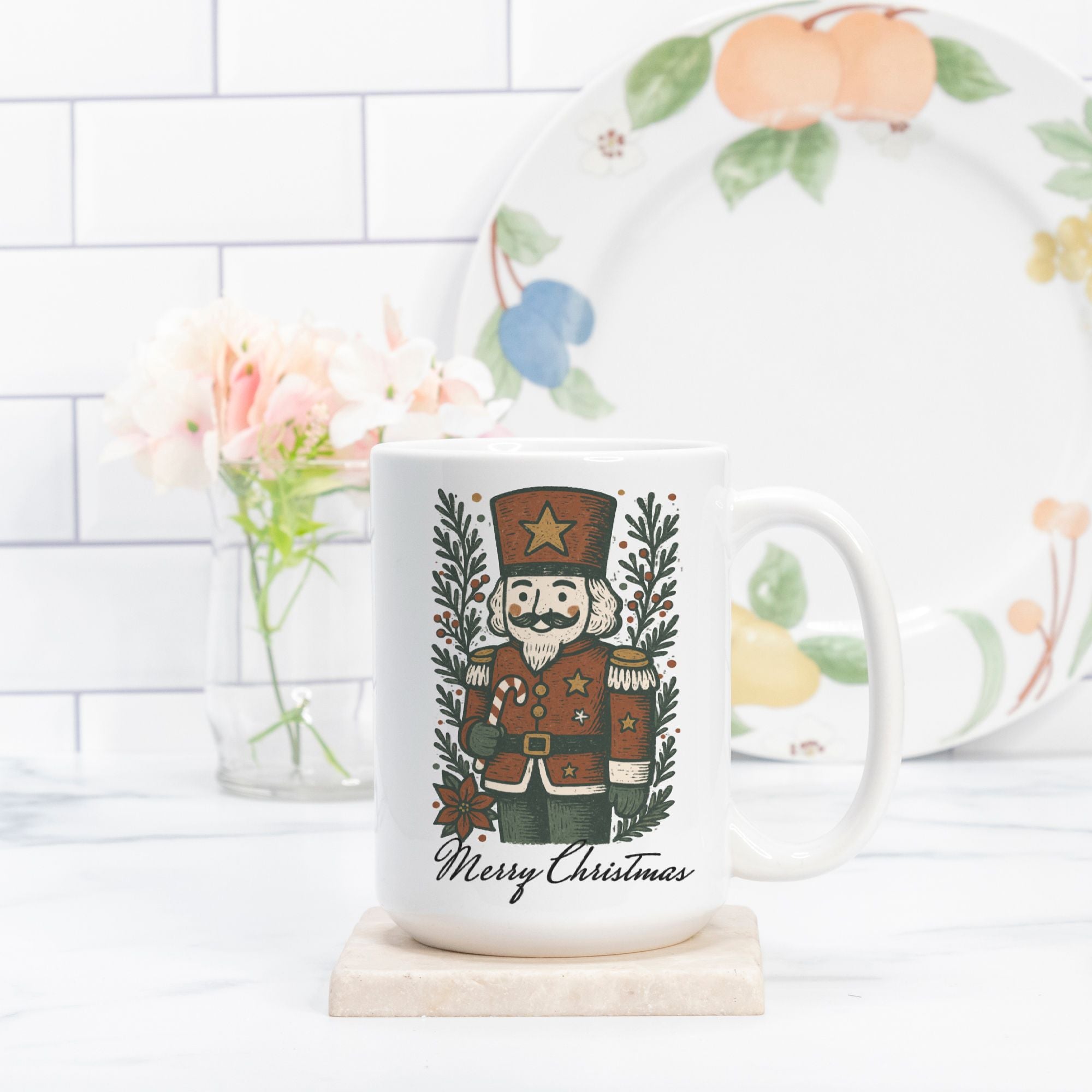 Christmas-themed mug with a nutcracker design on a white surface.
