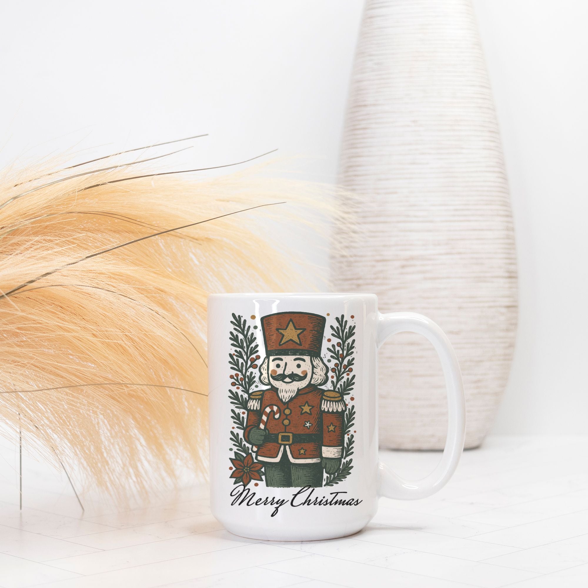White mug with Christmas design featuring a nutcracker and wreath on a white background
