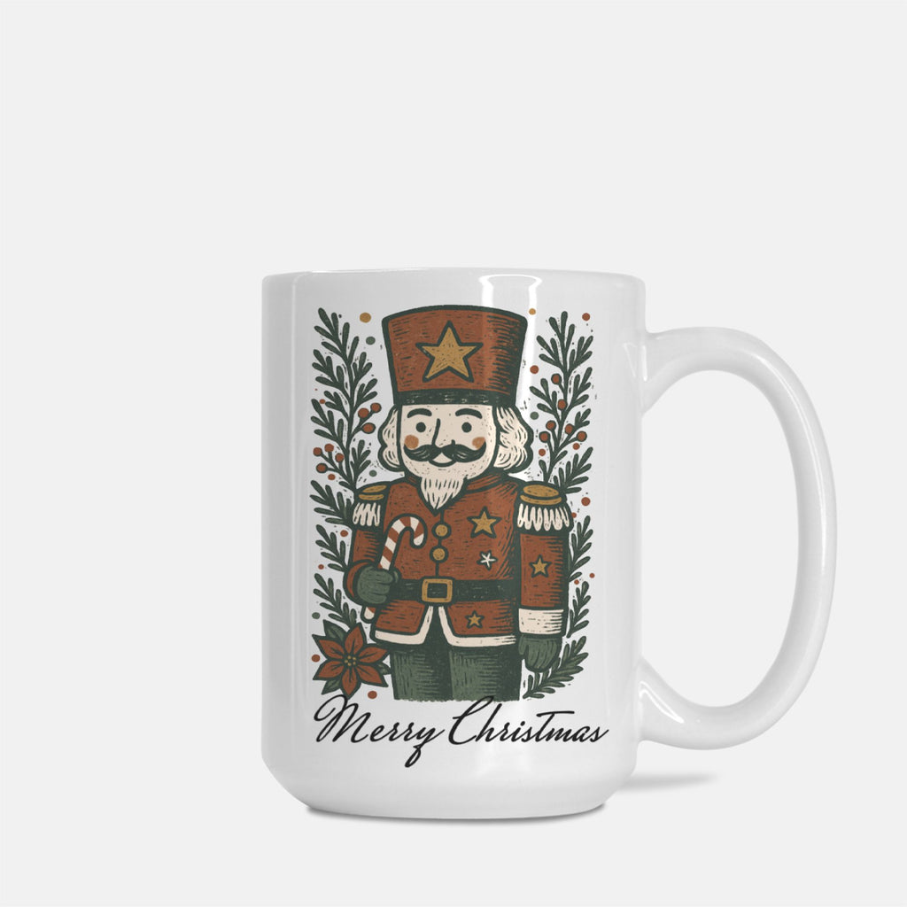 White mug with a Christmas-themed design featuring a nutcracker and wreath on a white background
