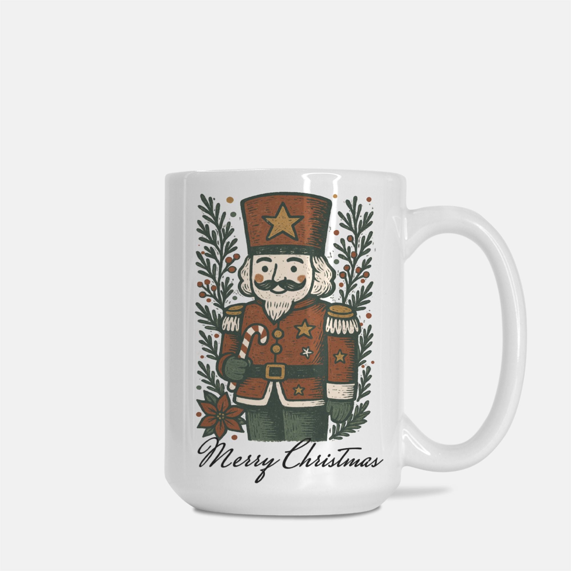 White mug with a Christmas-themed design featuring a nutcracker and wreath on a white background
