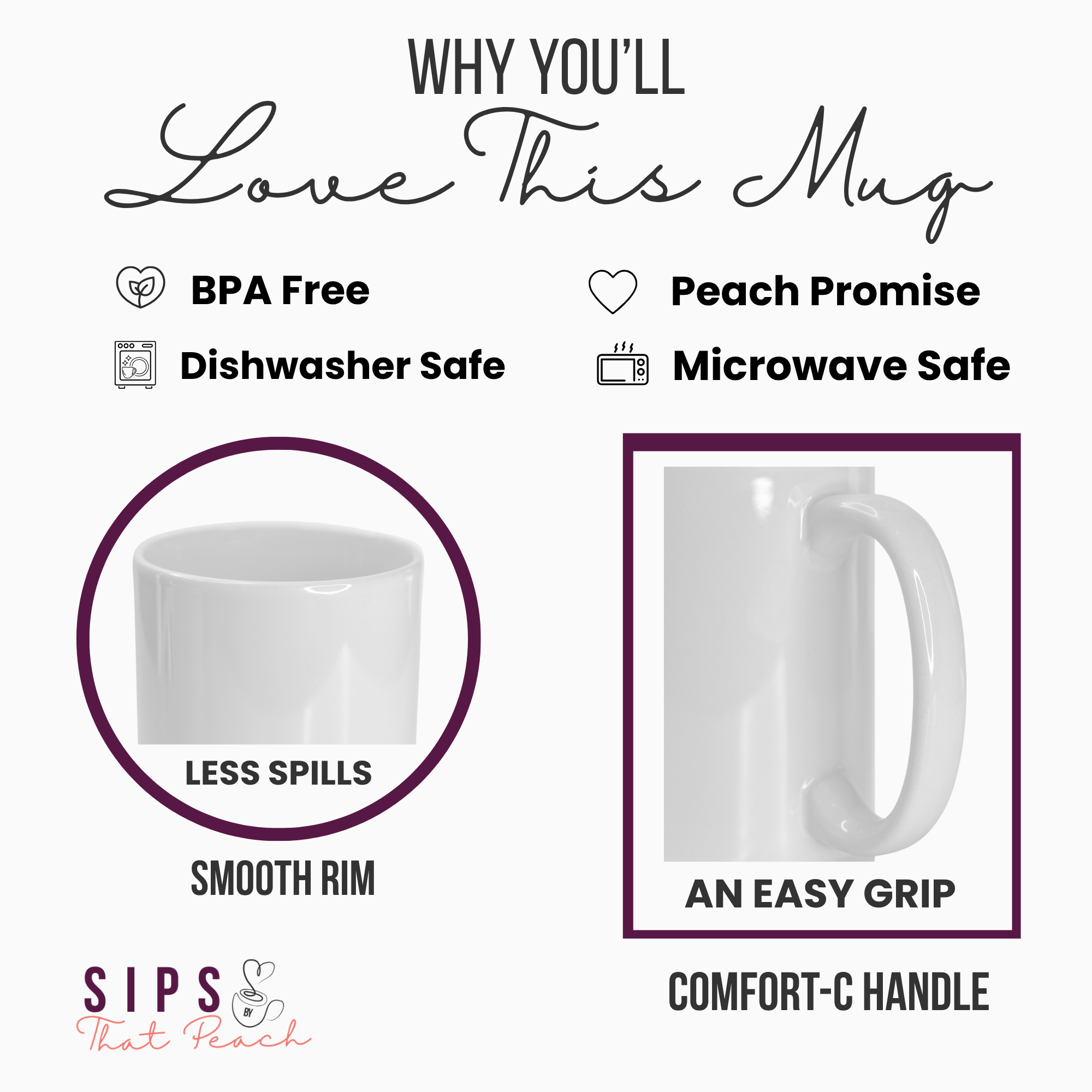 Why you'll love this mug. Bpa Free, Dishwasher & Microwave safe, Smooth rim for less spills and an easy grip with the Comfort C- Handle.
