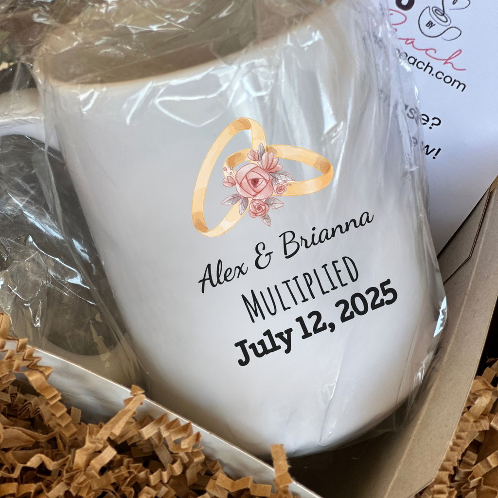 White mug with personalized design and text in a box