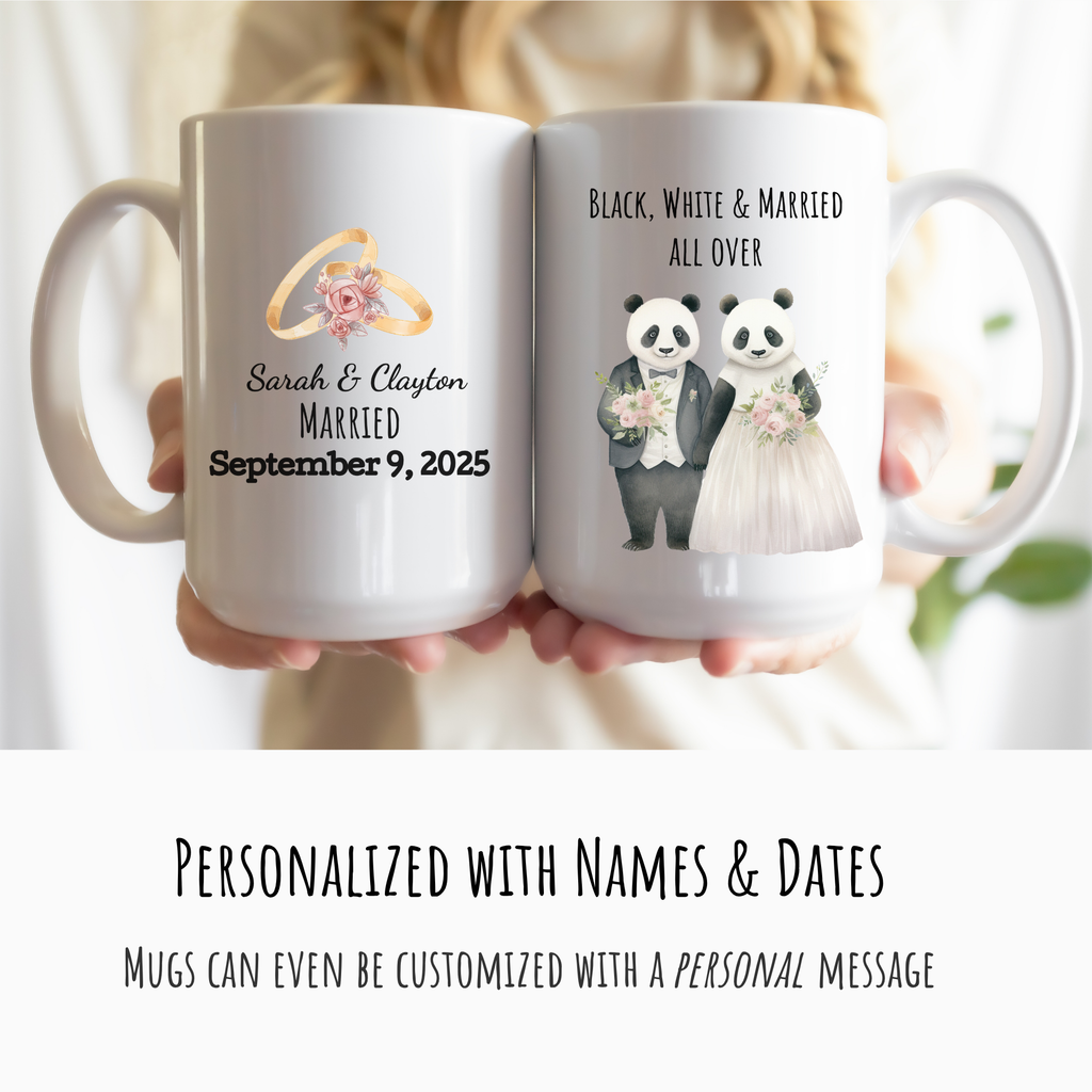 Two mugs with personalized designs of pandas in wedding attire and text, held by a person.