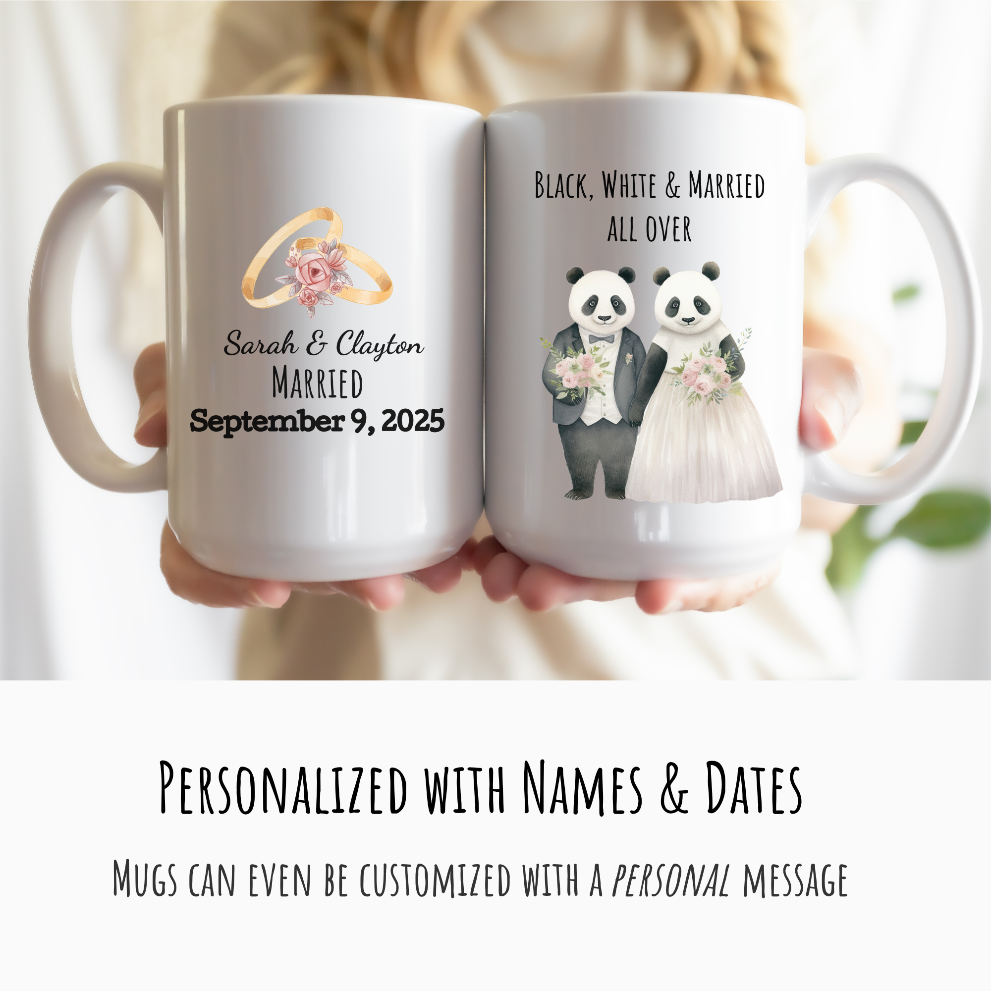 Two mugs with personalized designs of pandas in wedding attire and text, held by a person.