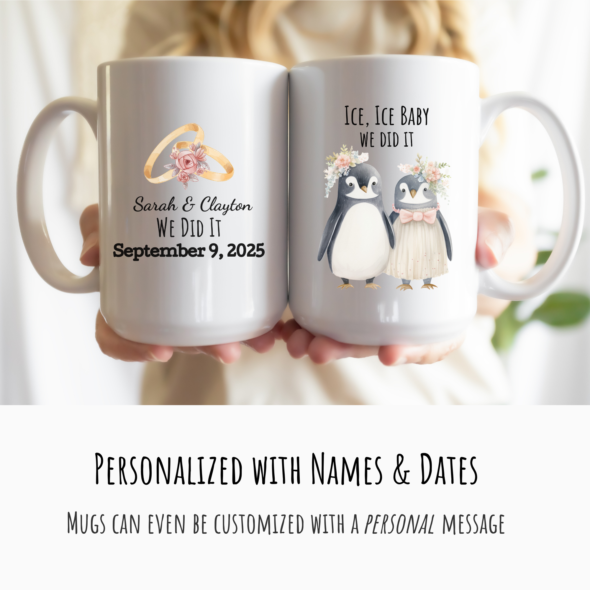 Two mugs with penguin design and personalized text held by a person.