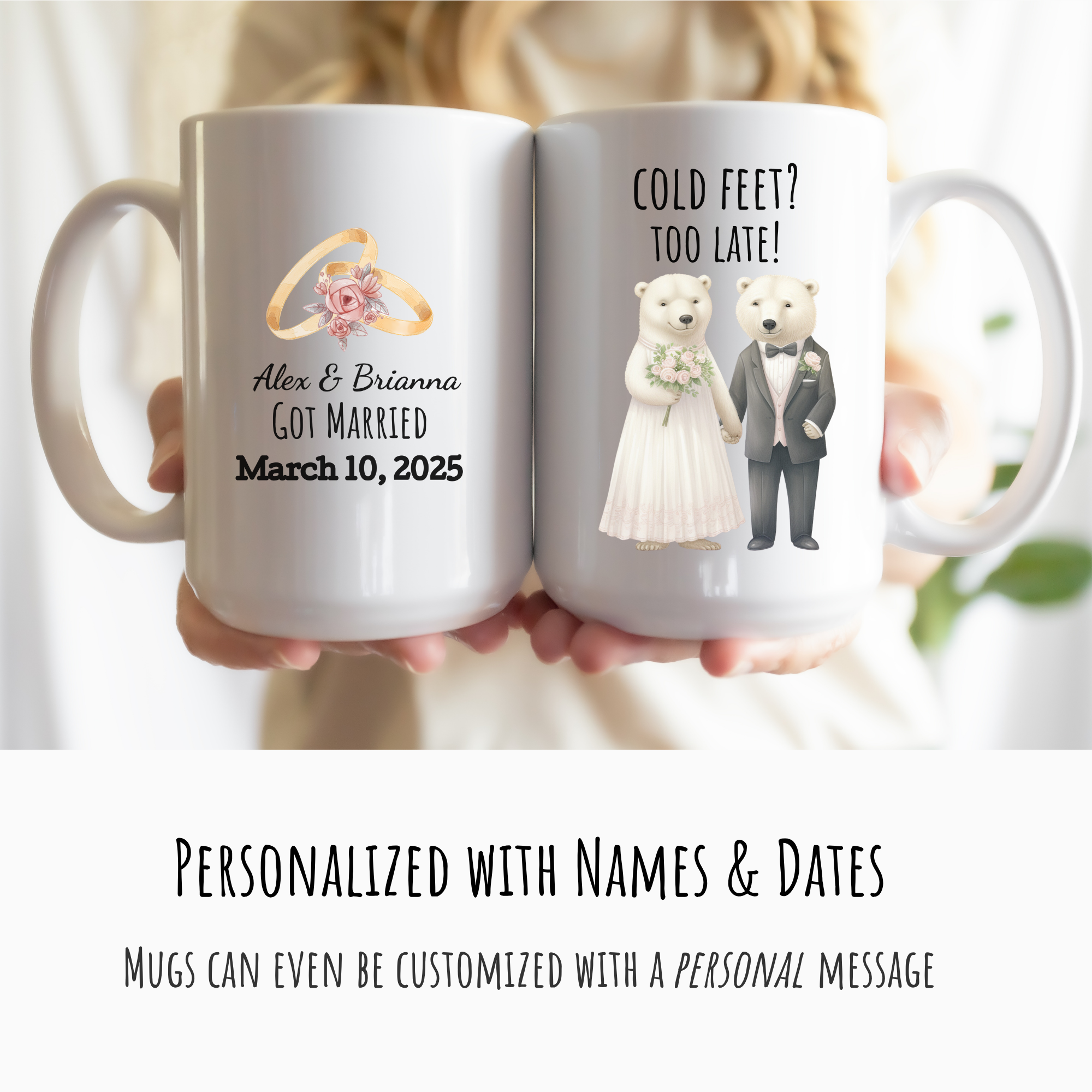 Two mugs with wedding-themed designs and personalized text, held together.