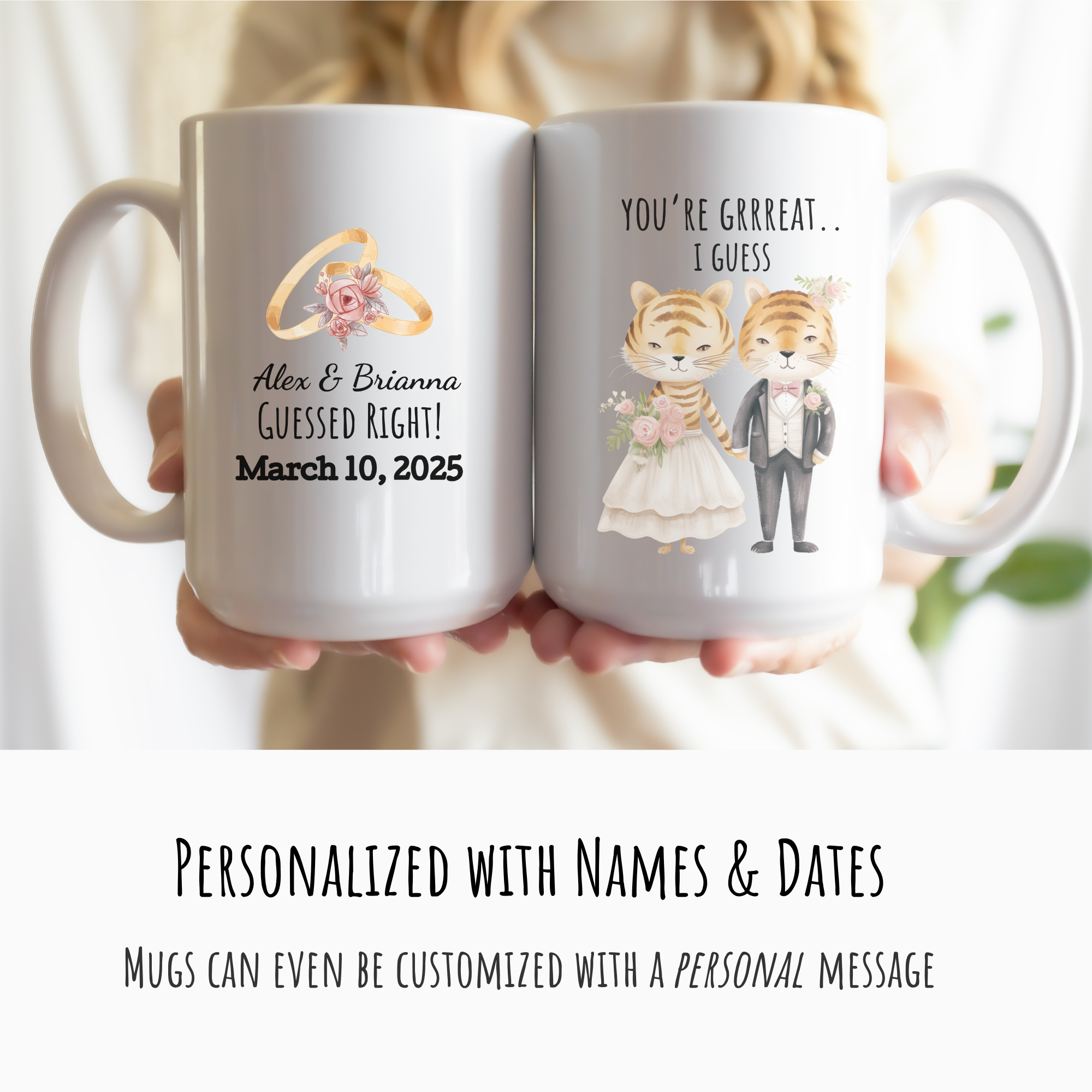 Two mugs held together with personalized text and illustrations, featuring names and a date.