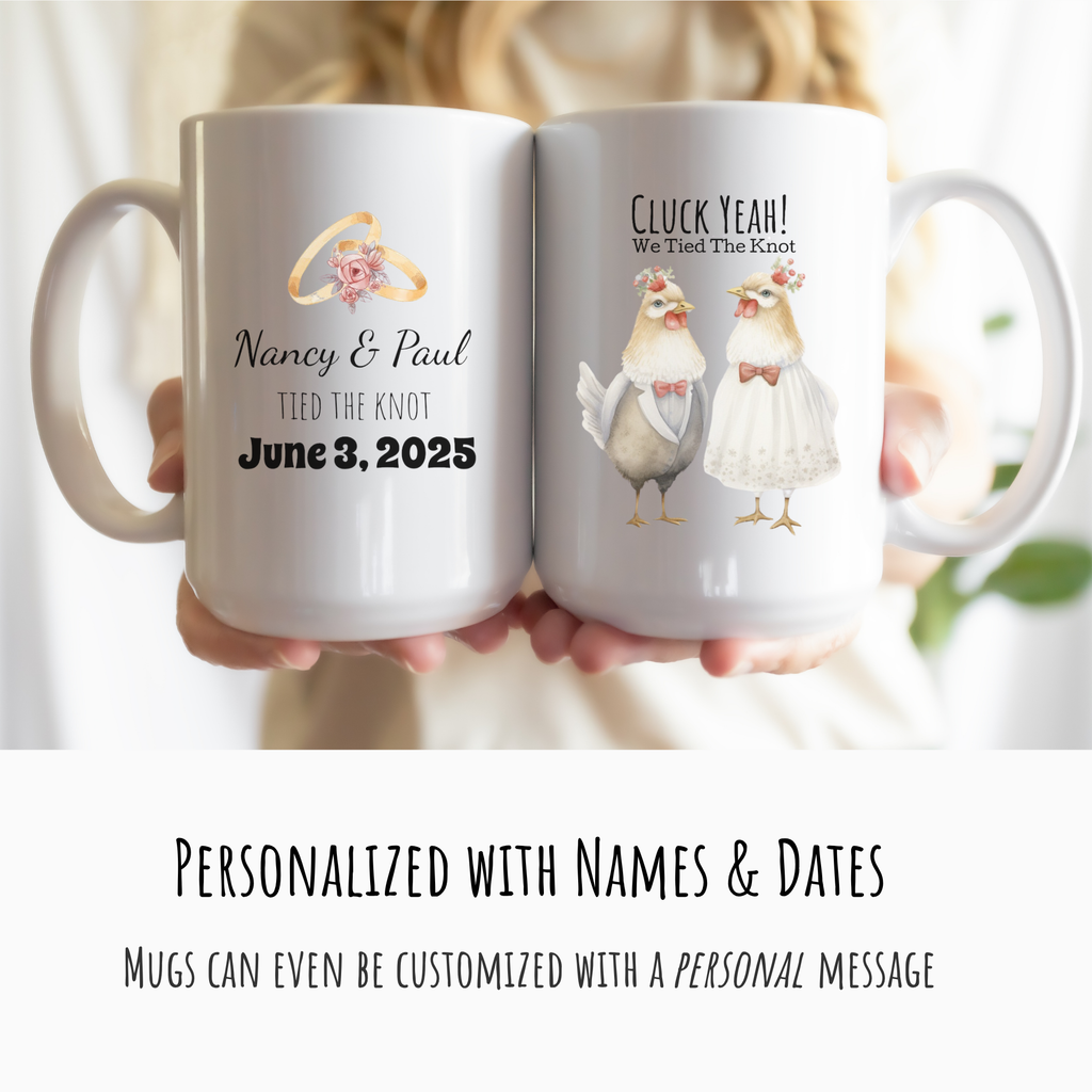 Two mugs with personalized designs of chickens in wedding attire and text, held by a person.