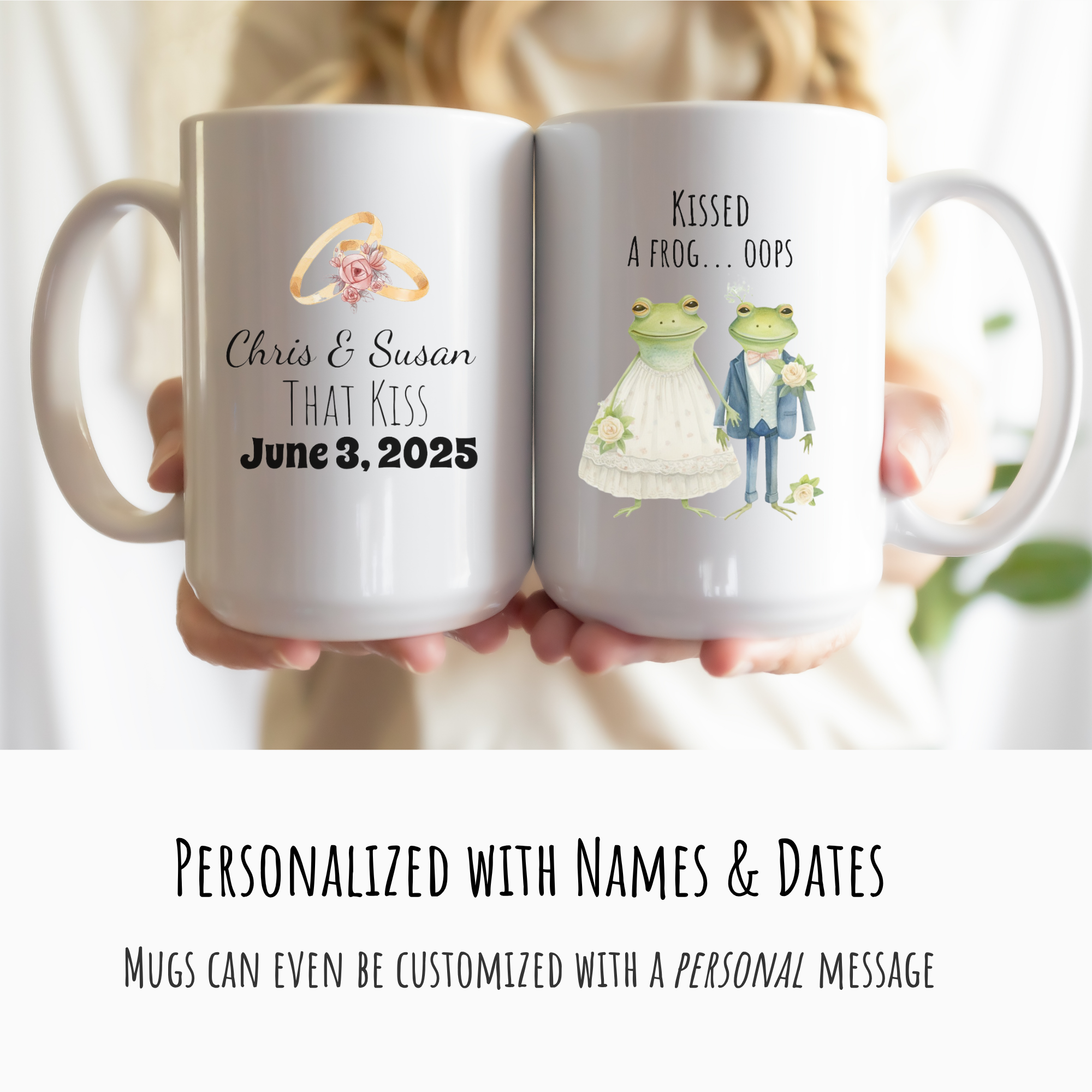 Two mugs with personalized designs of frogs in wedding attire and text, held together.