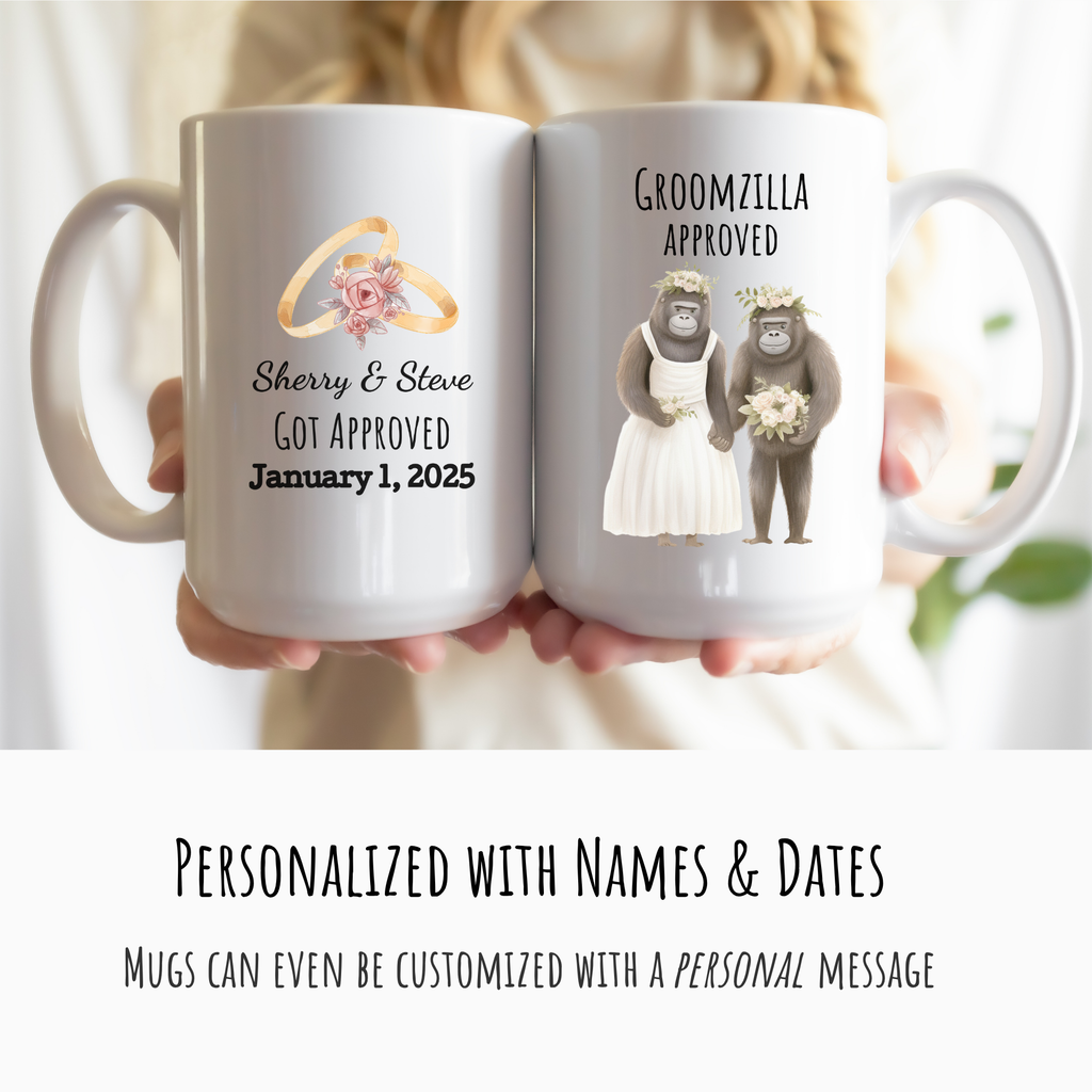 White mugs with cartoon wedding gorillas on Right, personalized text on left.