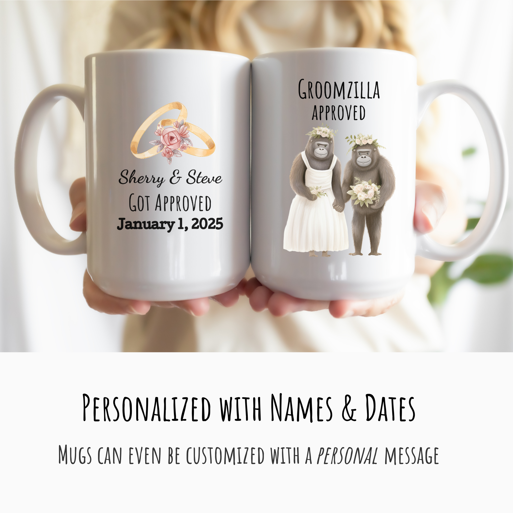 White mugs with cartoon wedding gorillas on Right, personalized text on left.