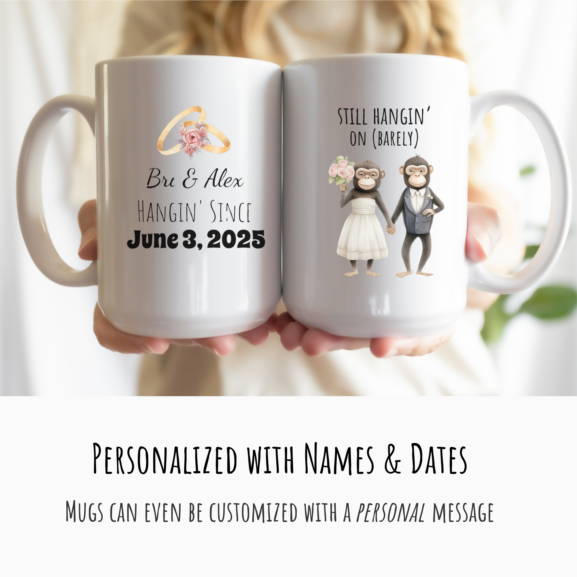 Two mugs with personalized designs and text, held together by a person.