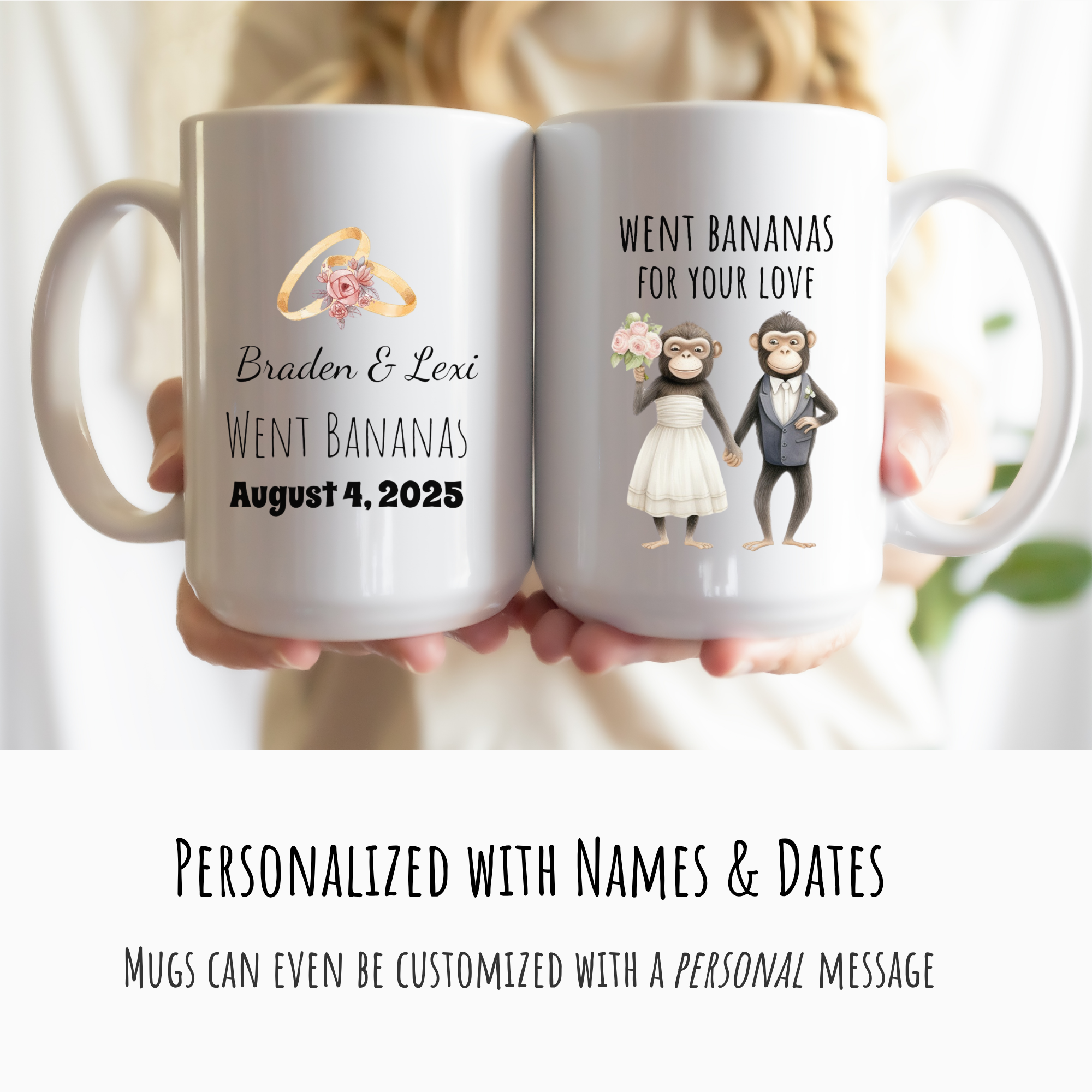 Two mugs with personalized designs and text, held together.