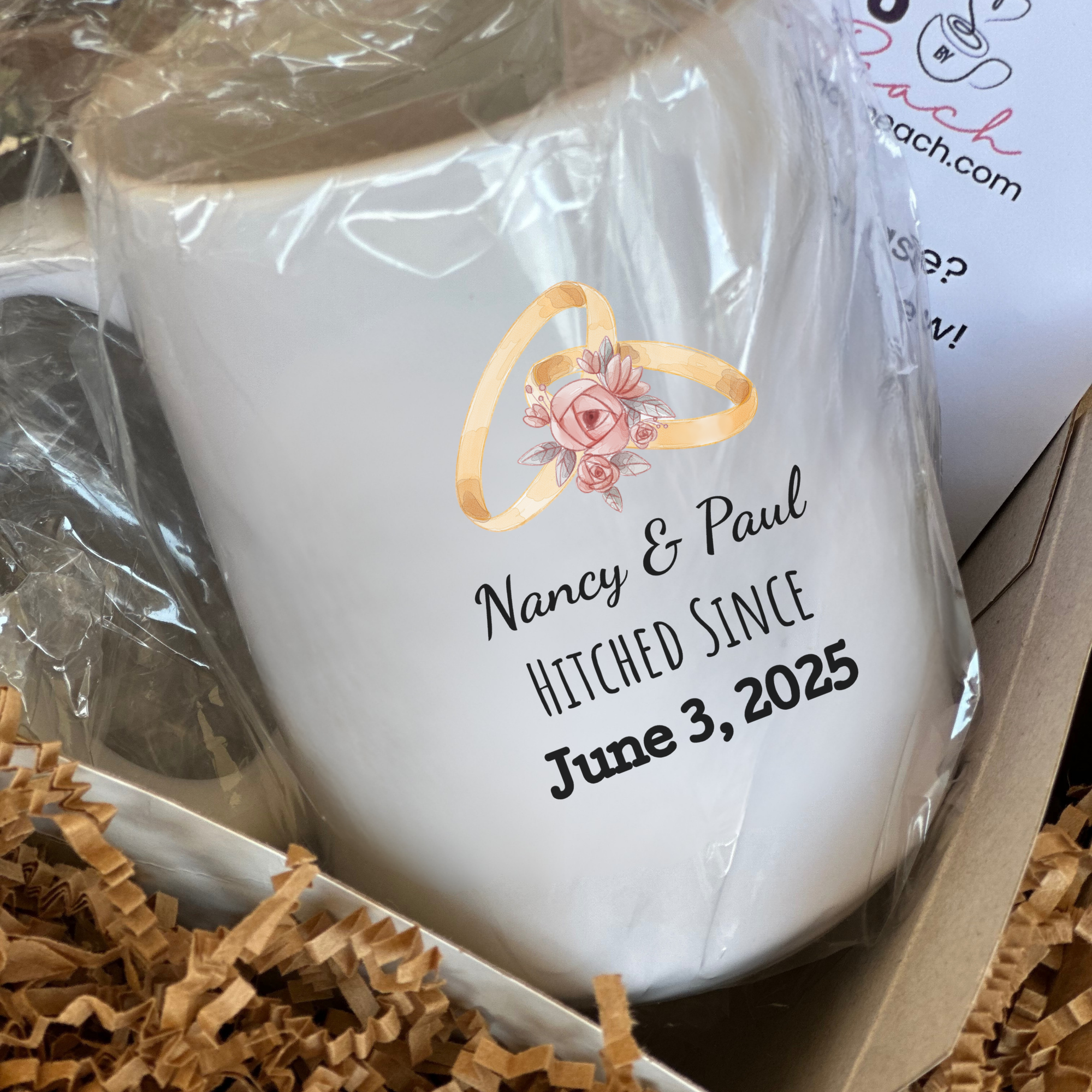 White mug with personalized design and text in a gift box