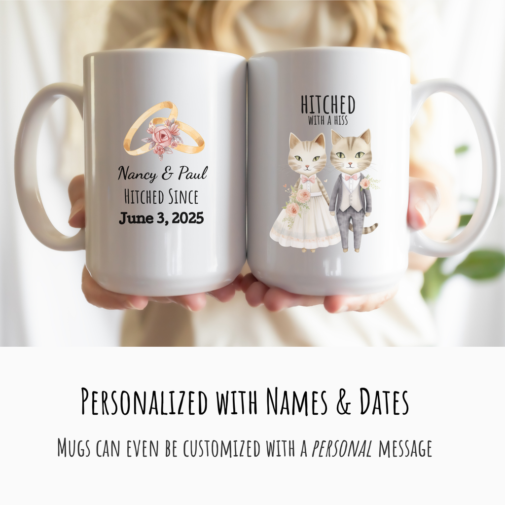 Two mugs with personalized designs of cats in wedding attire and text, held by a person.