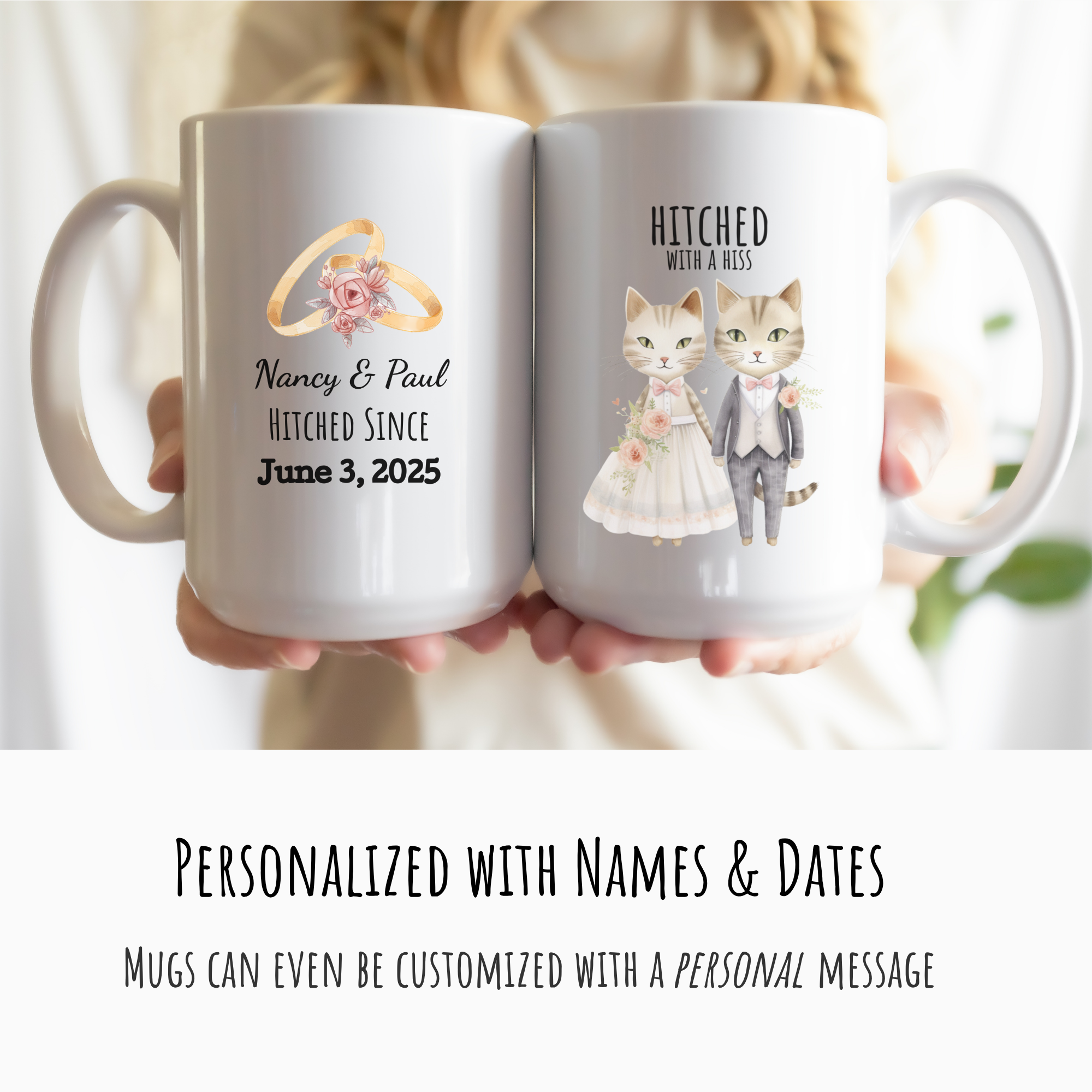 Two mugs with personalized designs of cats in wedding attire and text, held by a person.