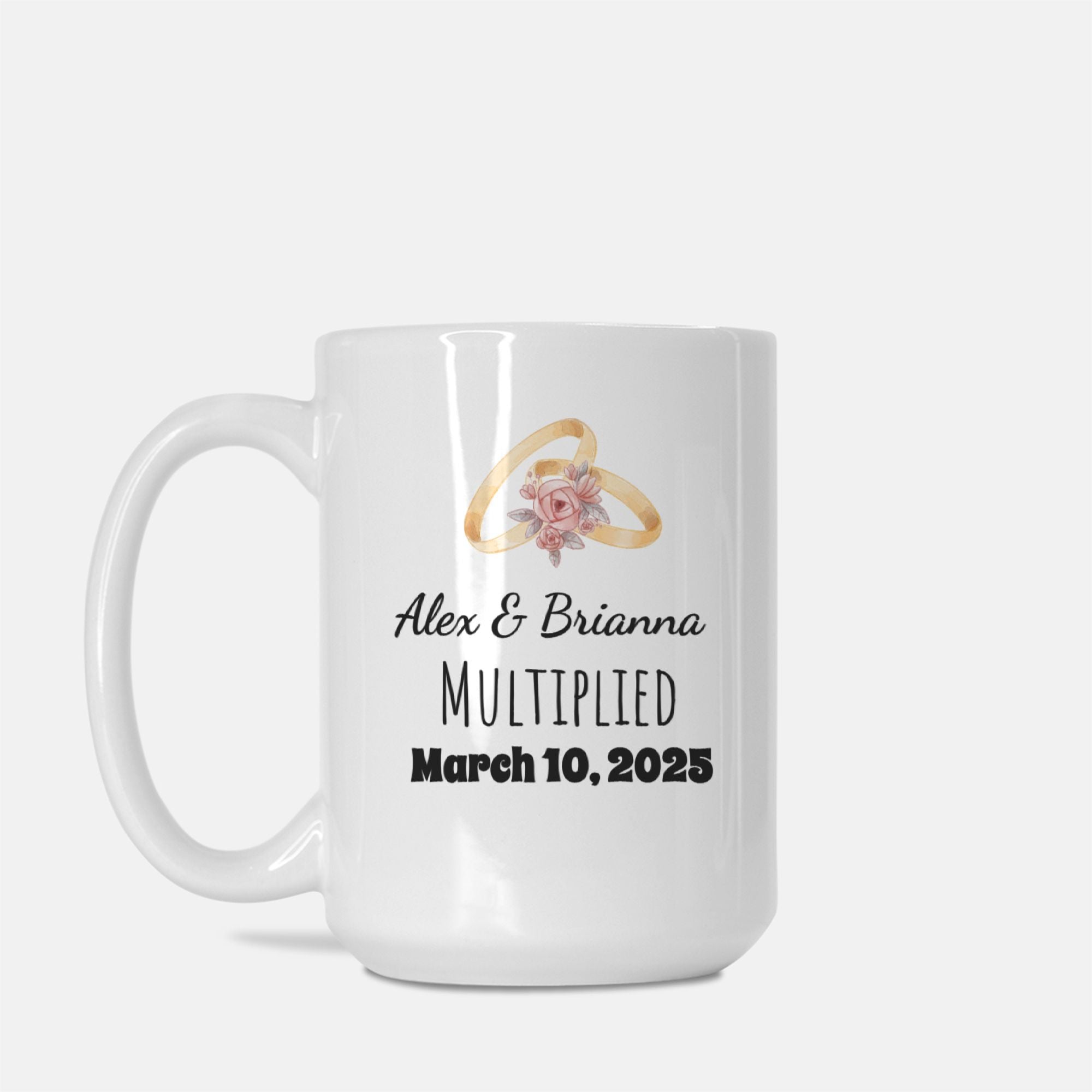 White mug with personalized text and floral ring design on a white background