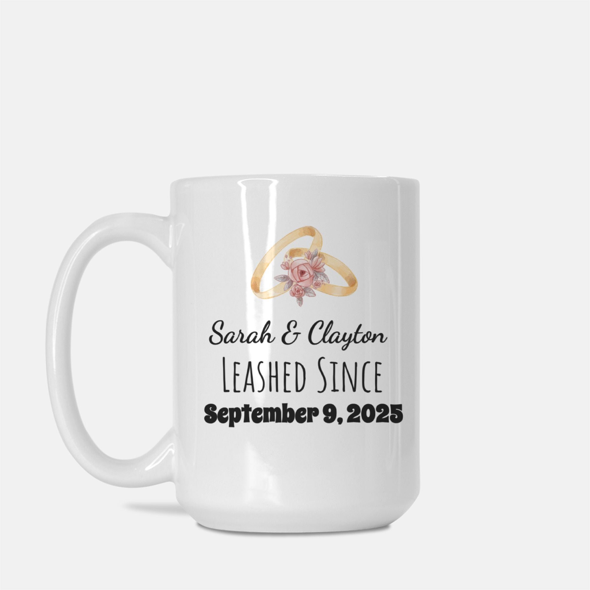 White mug with personalized text and floral design on a white background