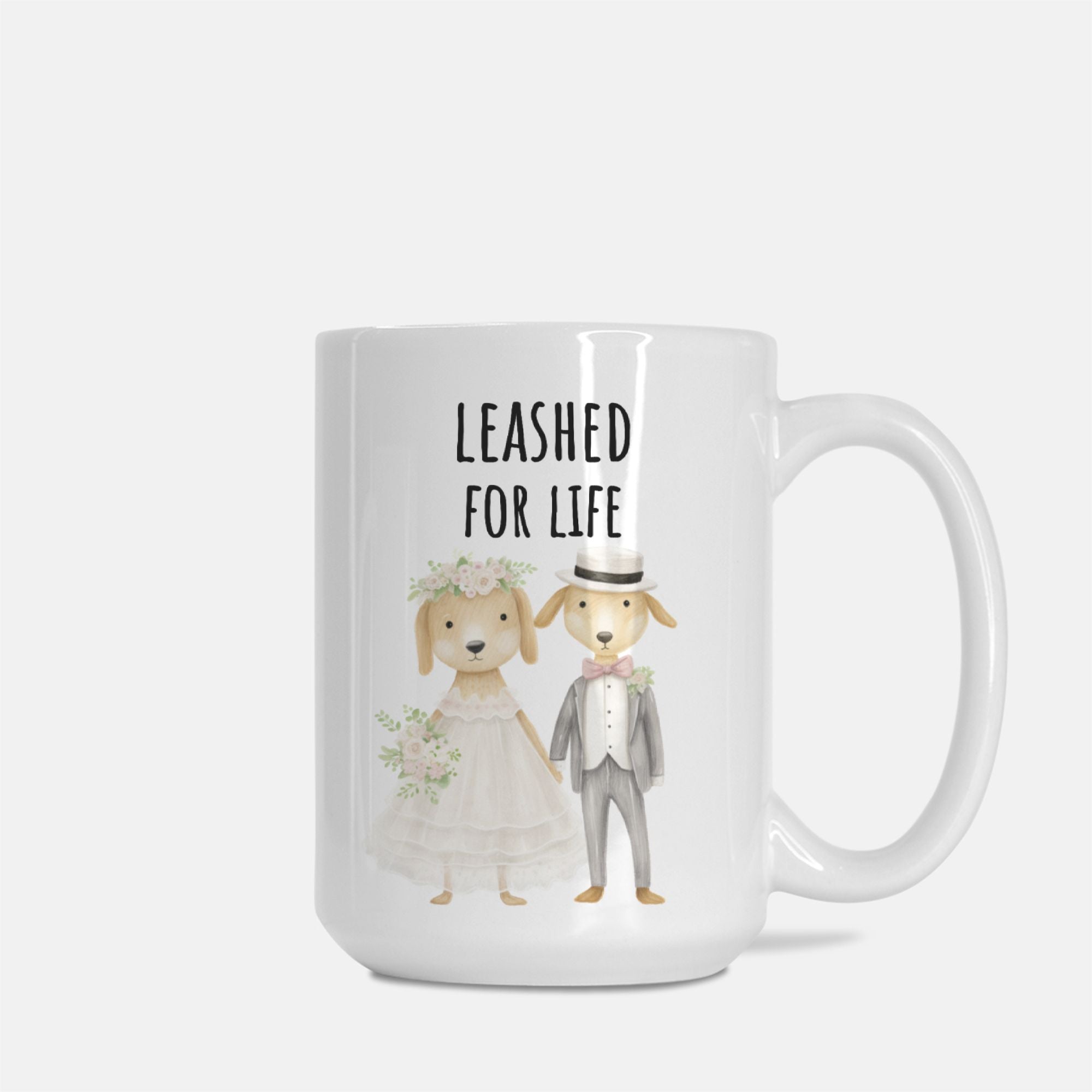 Mug with wedding-themed dogs illustration and 'Leashed for Life' text on a white background