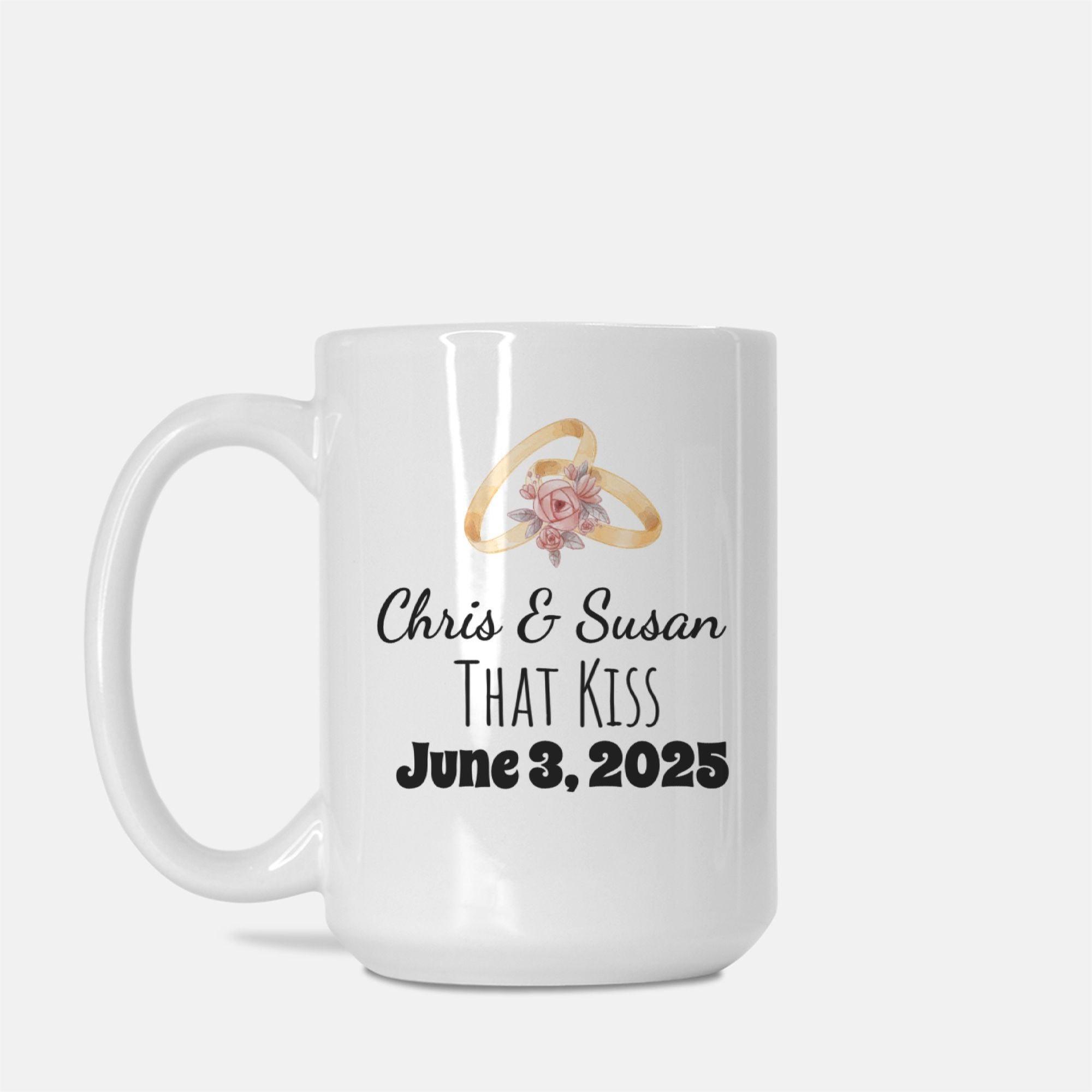 White mug with personalized text and floral ring design on a white background