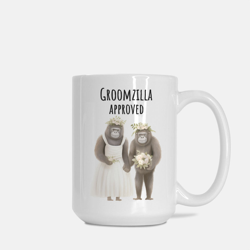 Mug with cartoon gorillas in wedding attire and 'Groomzilla Approved' text on a white background