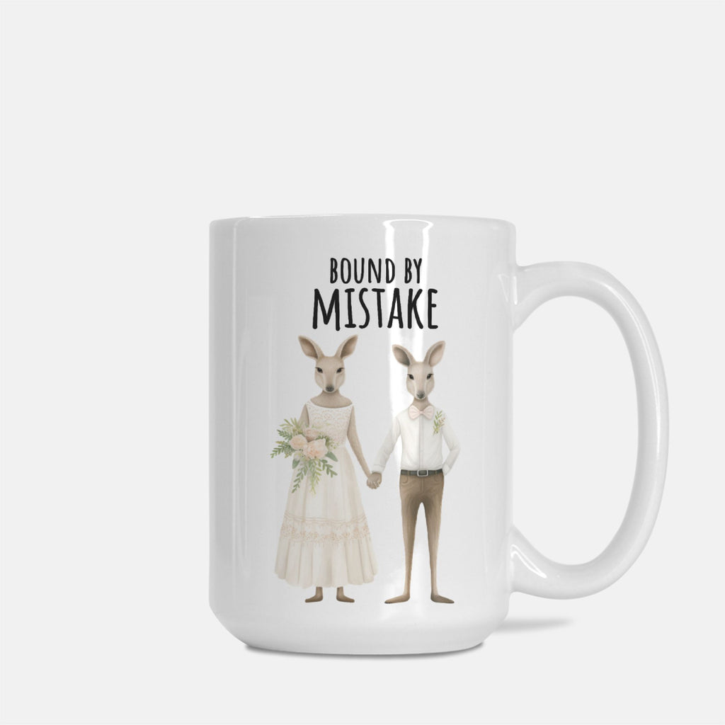 Mug with kangaroo couple illustration and 'Bound by Mistake' text on a white background