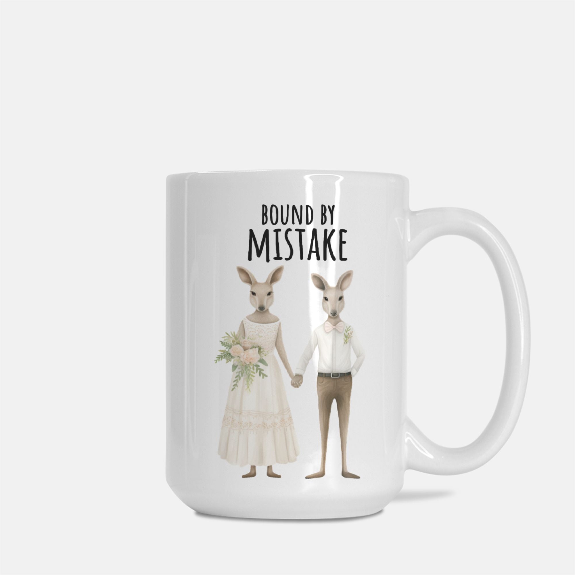 Mug with kangaroo couple illustration and 'Bound by Mistake' text on a white background