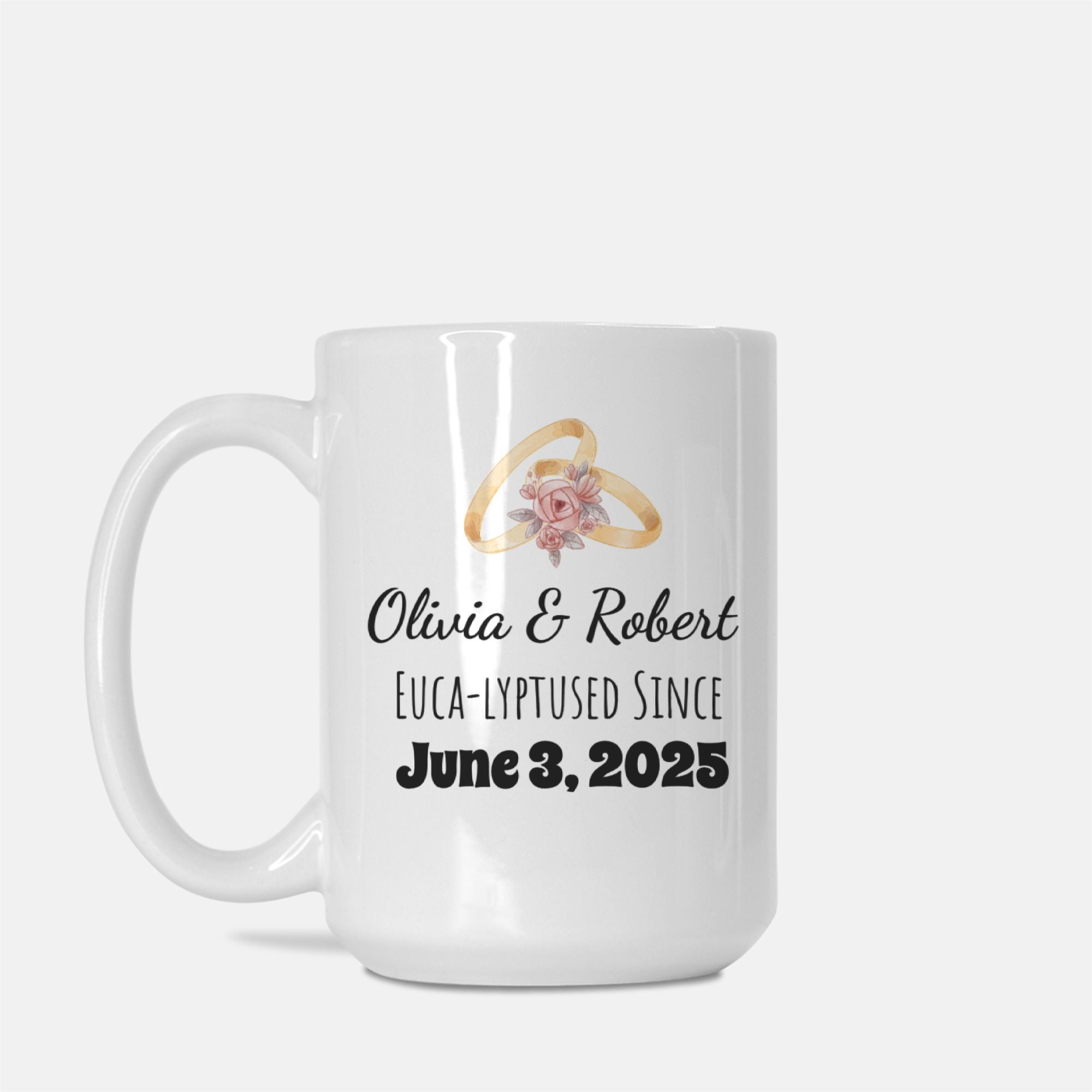 White mug with personalized text and floral ring design on a white background
