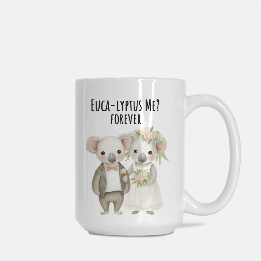 Mug with cartoon koalas in wedding attire and humorous text on a white background