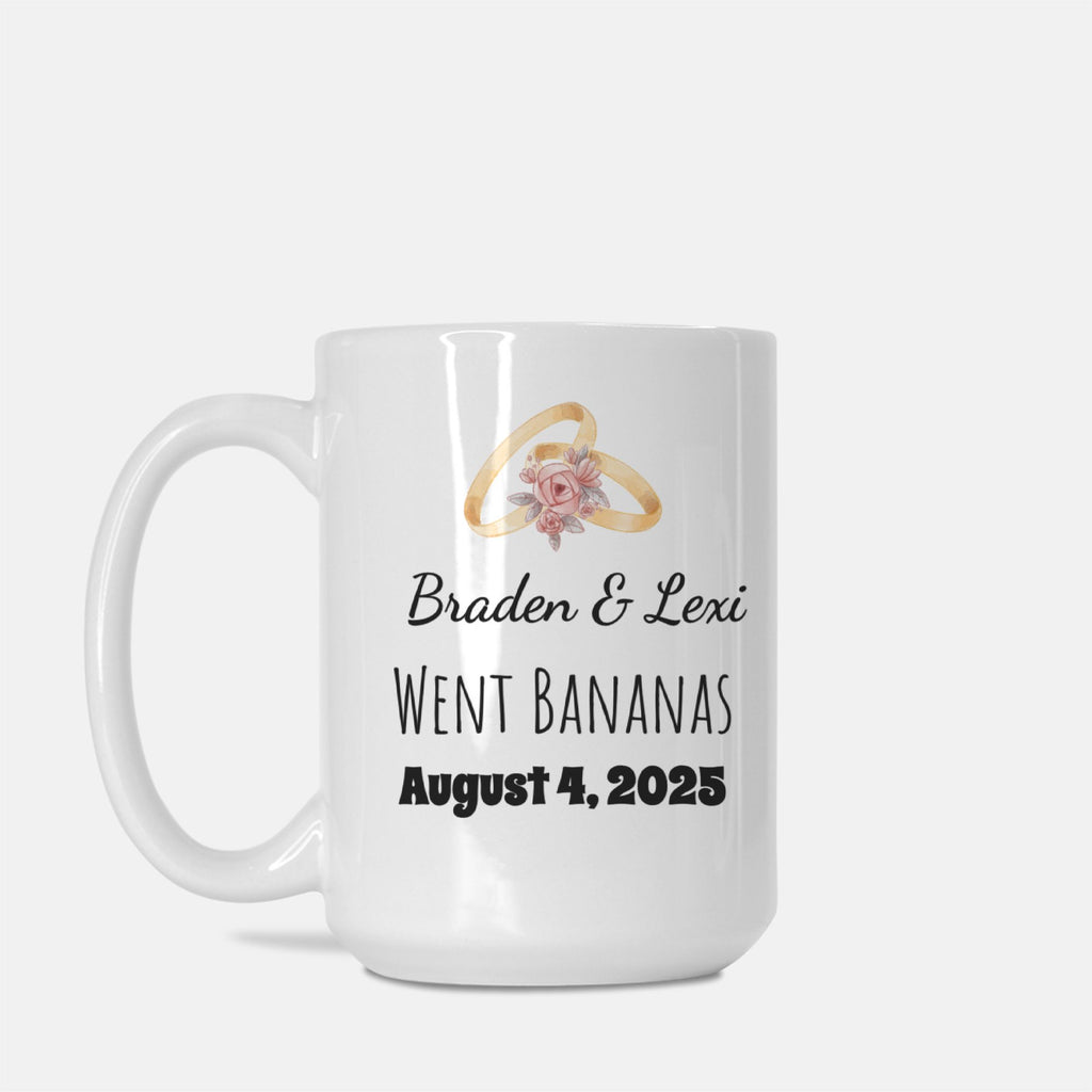 White mug with personalized text and floral ring design on a white background