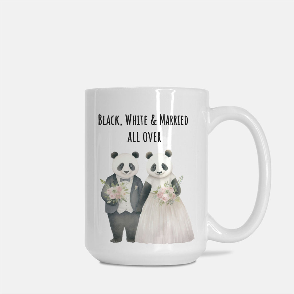 Mug with panda couple design and text 'Black, White & Married All Over' on a white background