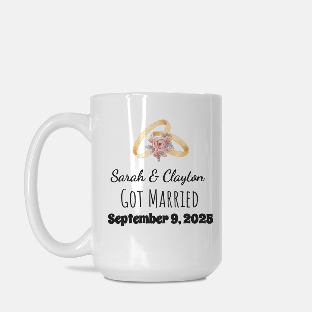 White mug with personalized text and floral ring design on a white background