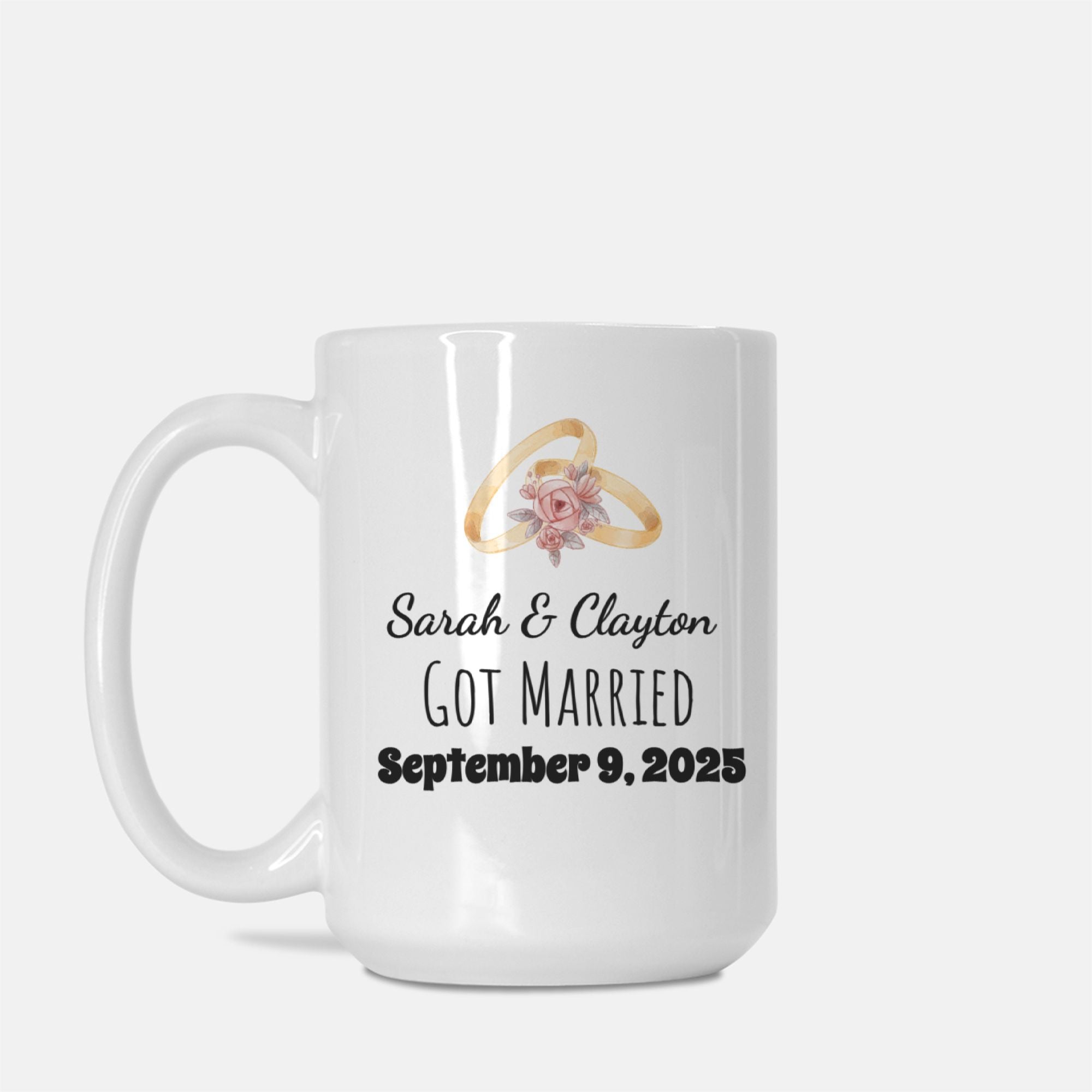 White mug with personalized text and floral ring design on a white background