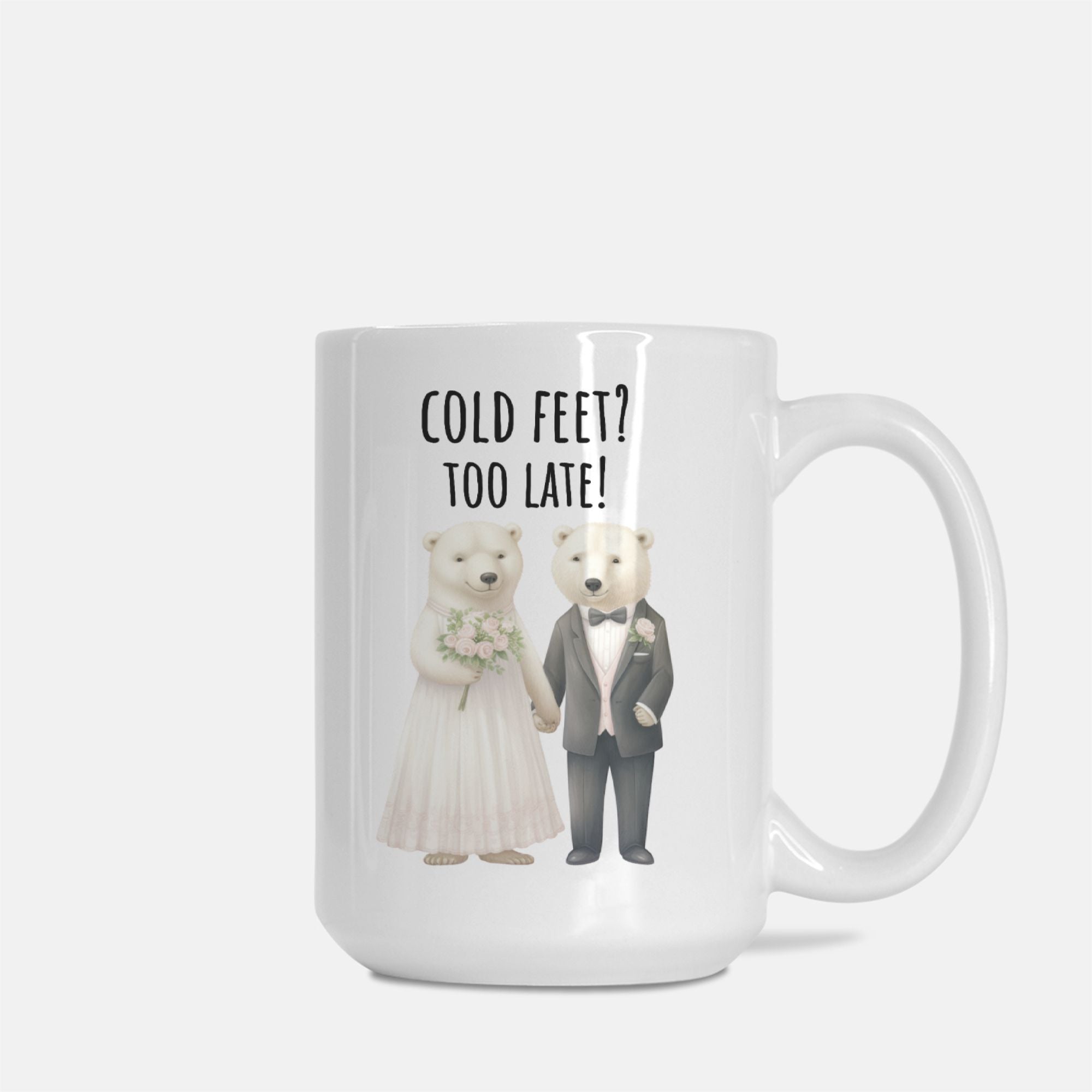Mug with cartoon bears in wedding attire and humorous text on a white background