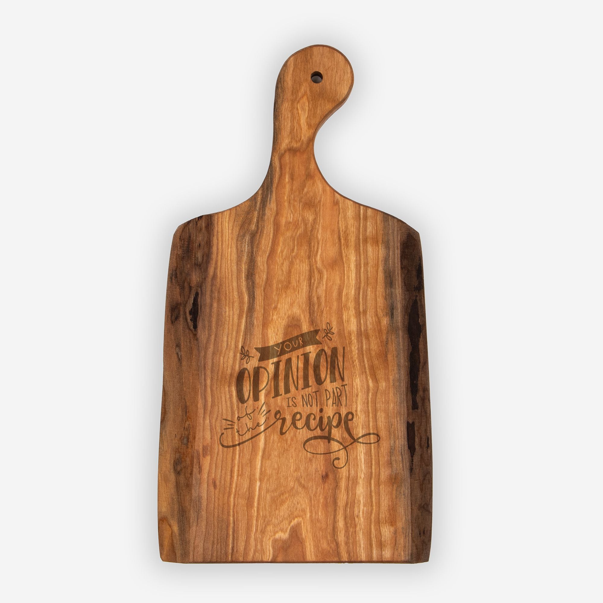 Wooden cutting board with engraved text on a white background