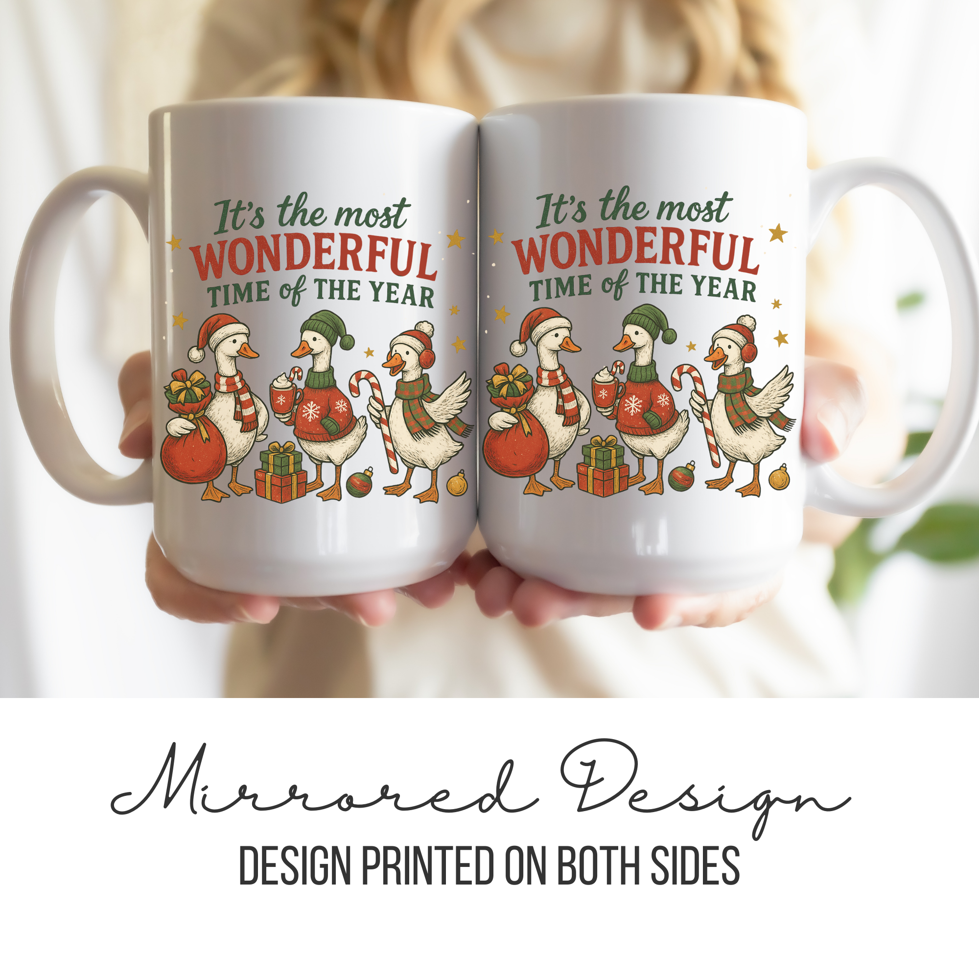 Two white mugs with Christmas design and text held together, showing mirrored design on both sides.